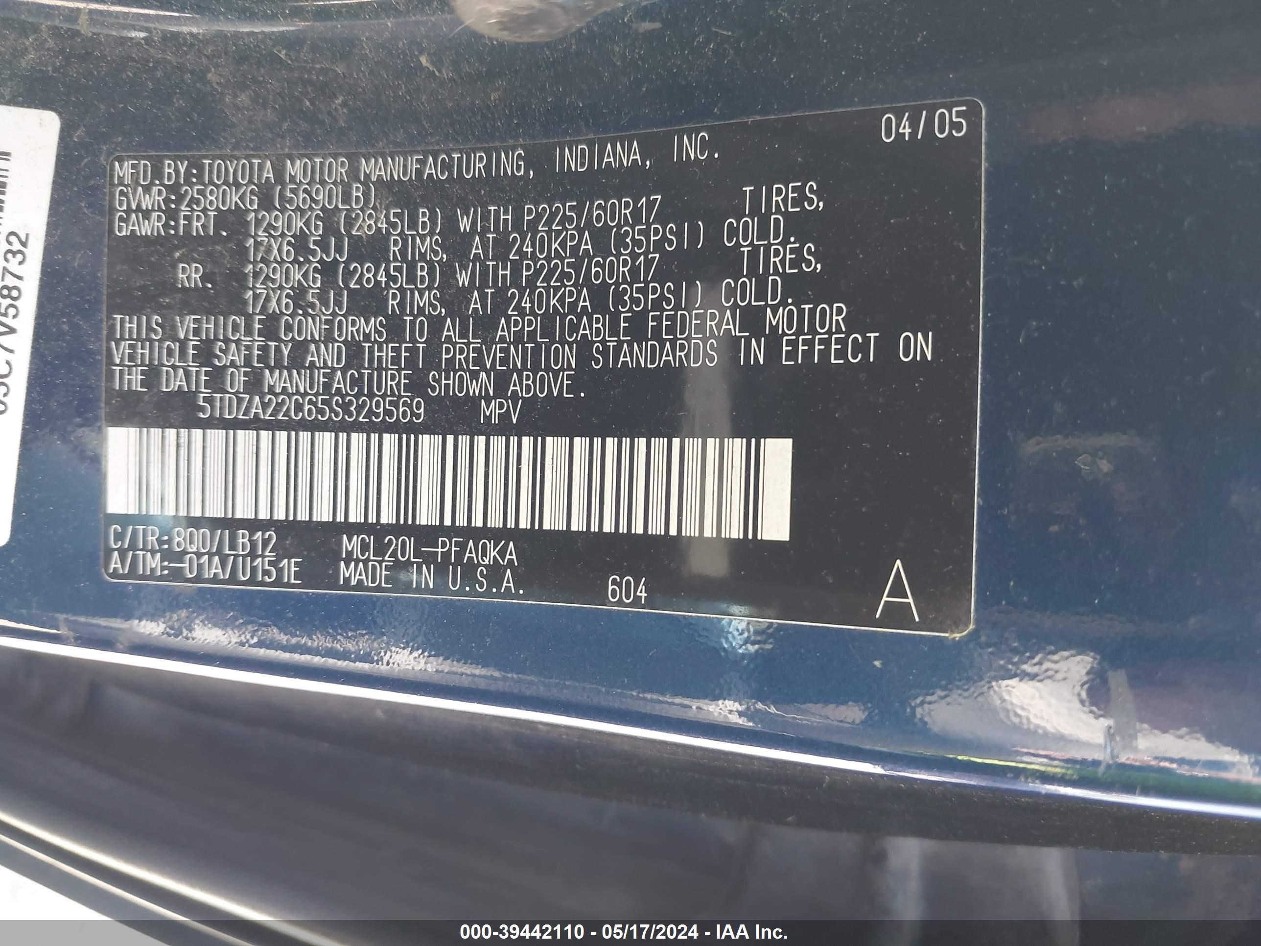 Photo 8 VIN: 5TDZA22C65S329569 - TOYOTA SIENNA 