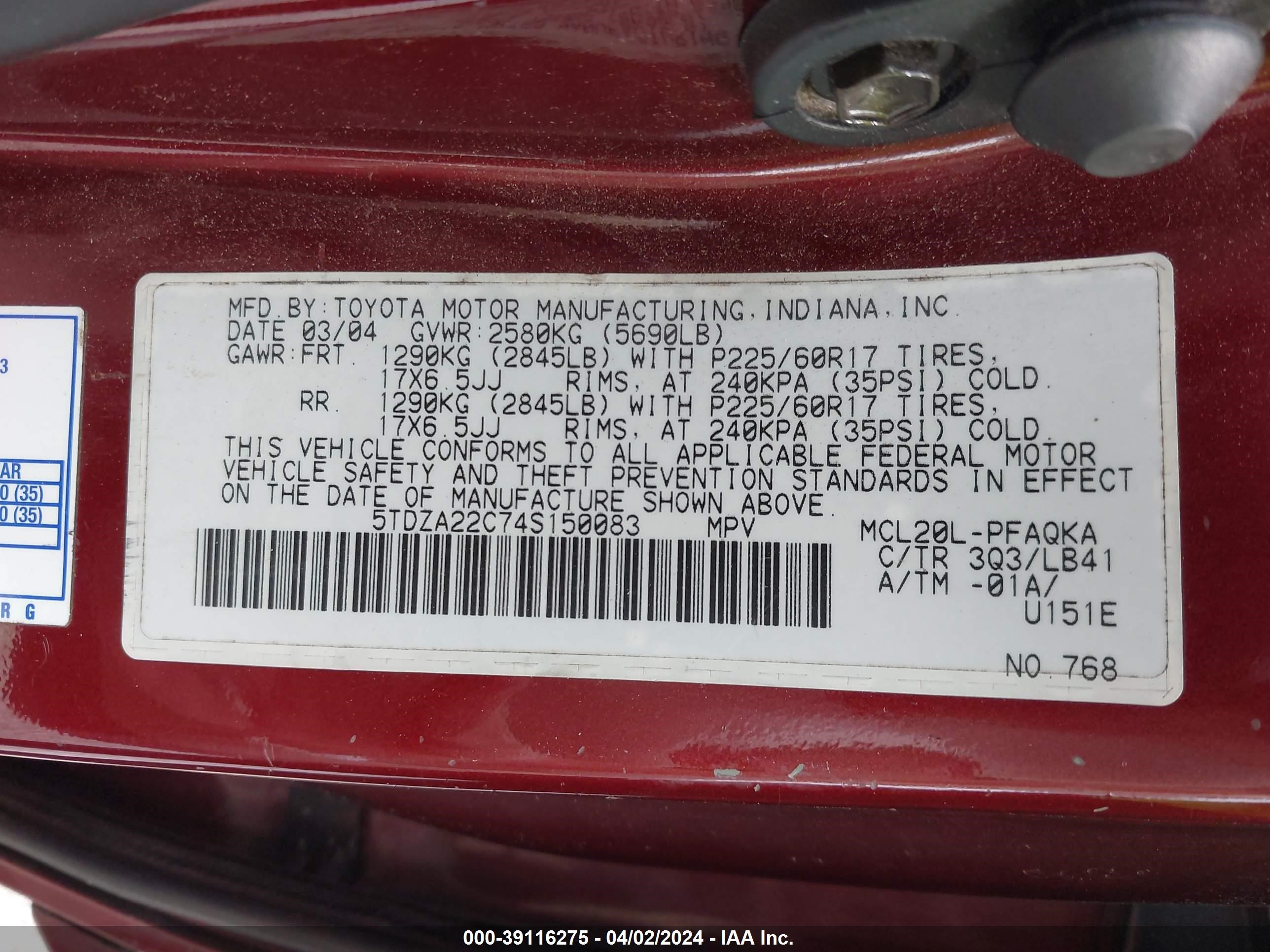 Photo 8 VIN: 5TDZA22C74S150083 - TOYOTA SIENNA 