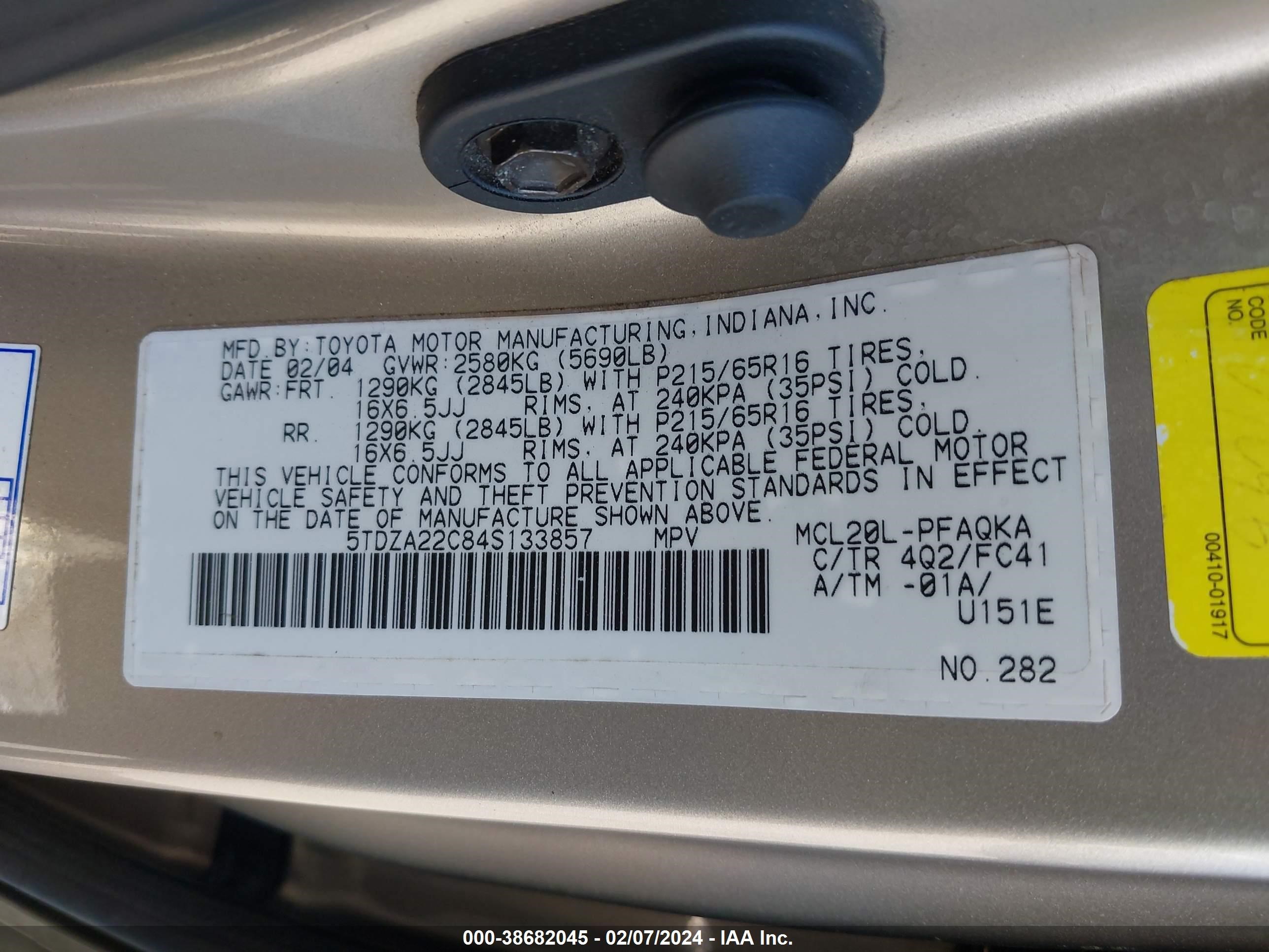 Photo 8 VIN: 5TDZA22C84S133857 - TOYOTA SIENNA 