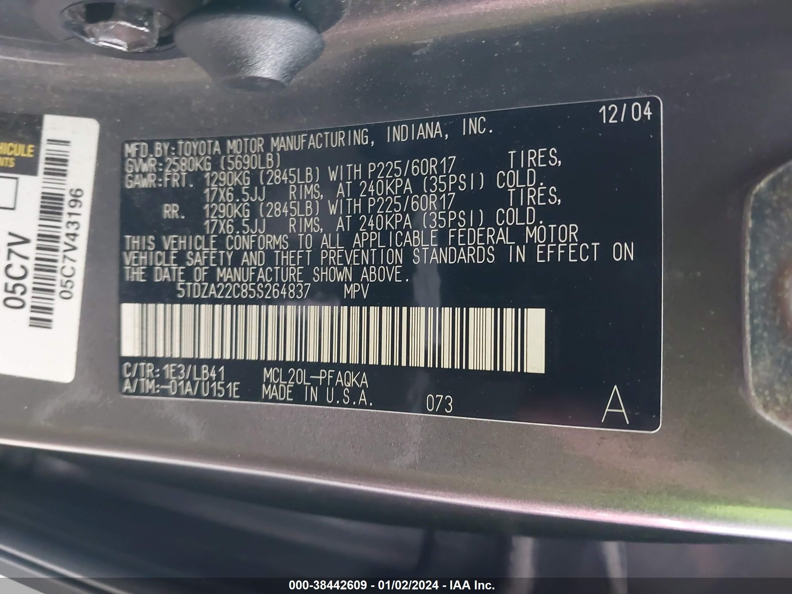 Photo 8 VIN: 5TDZA22C85S264837 - TOYOTA SIENNA 