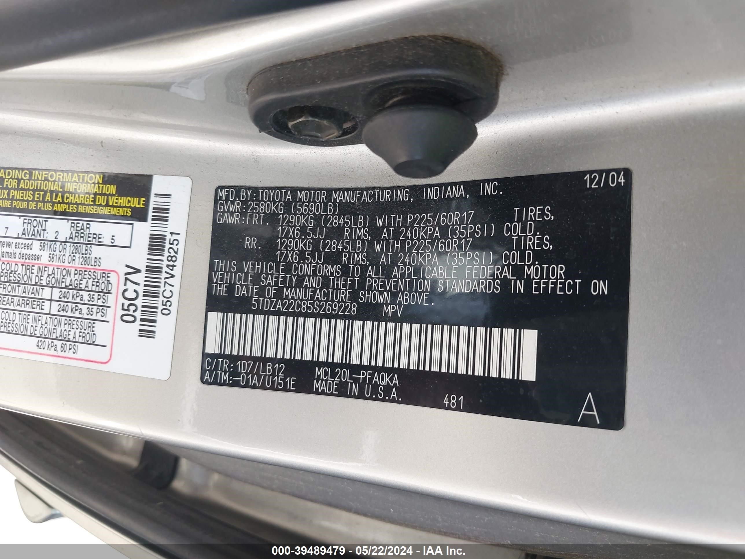 Photo 8 VIN: 5TDZA22C85S269228 - TOYOTA SIENNA 