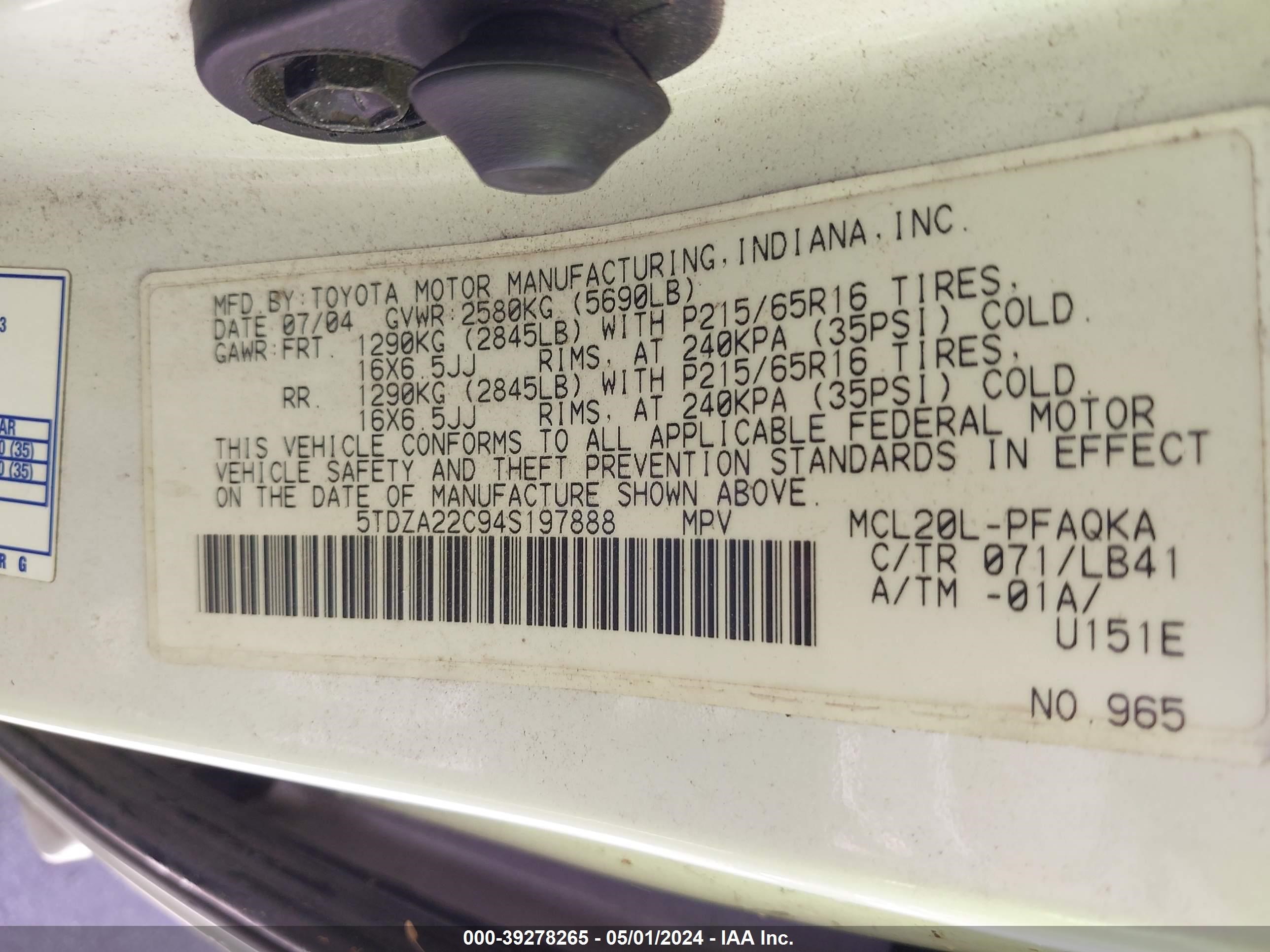 Photo 8 VIN: 5TDZA22C94S197888 - TOYOTA SIENNA 