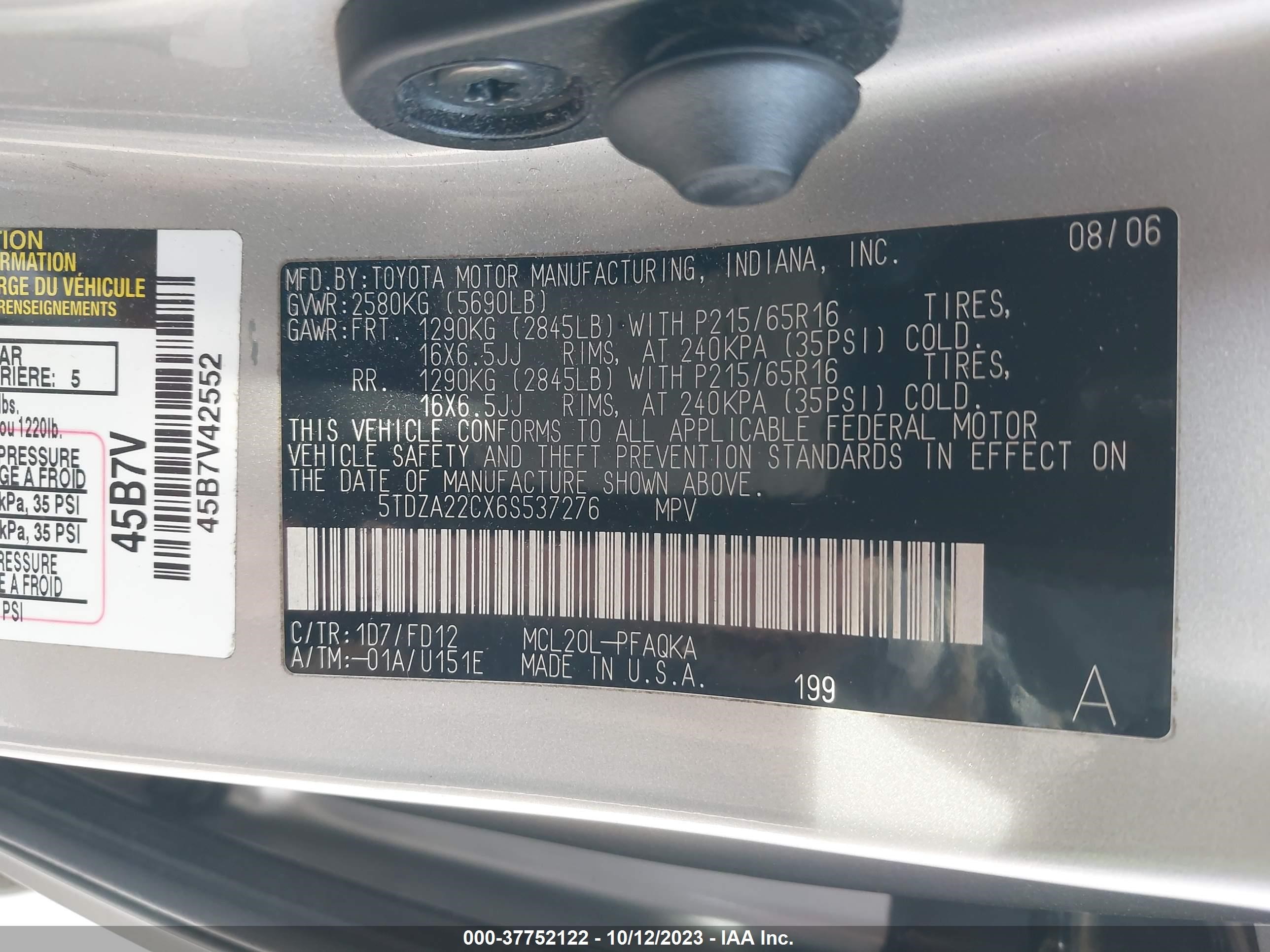 Photo 8 VIN: 5TDZA22CX6S537276 - TOYOTA SIENNA 