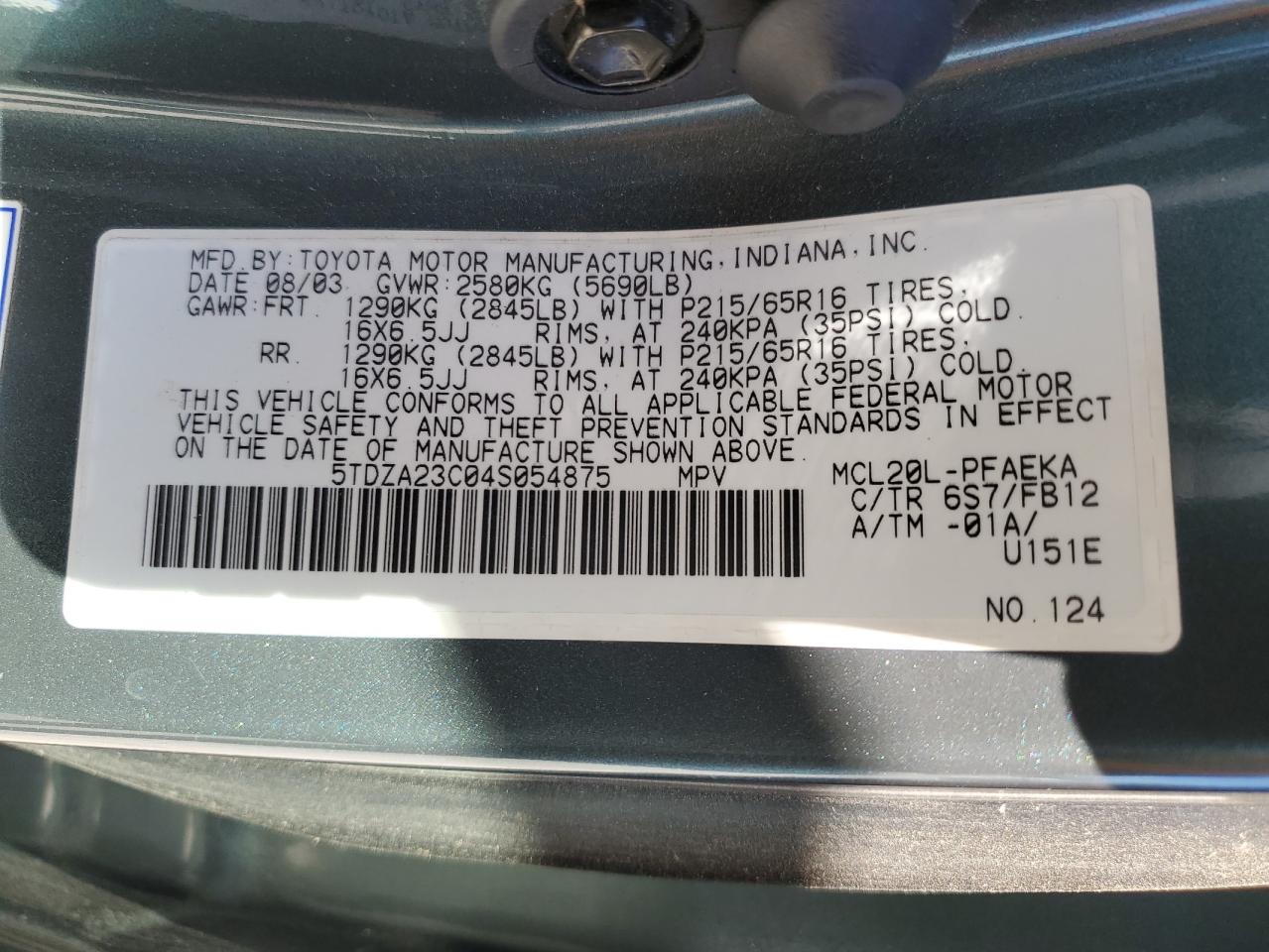 Photo 13 VIN: 5TDZA23C04S054875 - TOYOTA SIENNA 