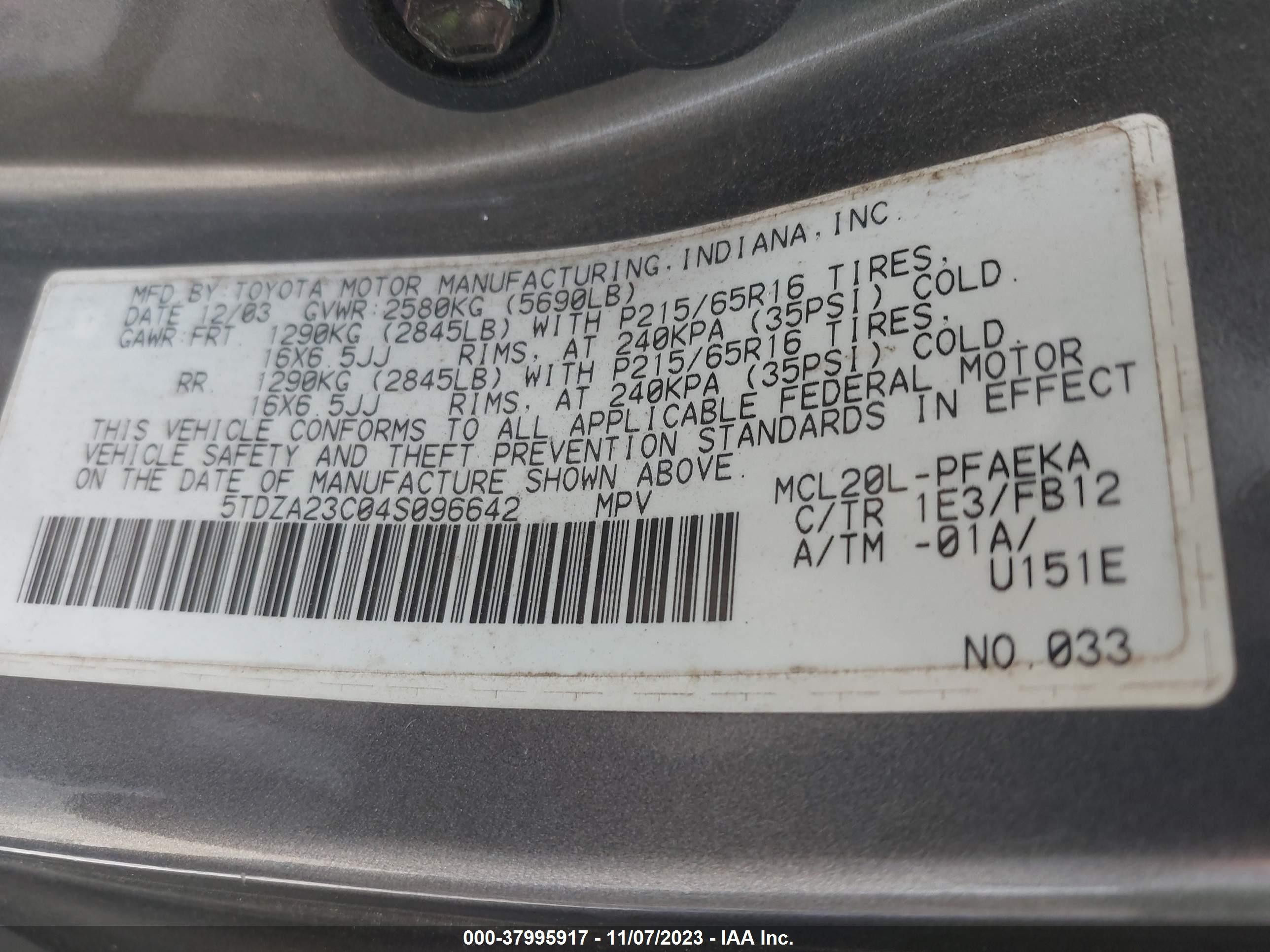 Photo 8 VIN: 5TDZA23C04S096642 - TOYOTA SIENNA 