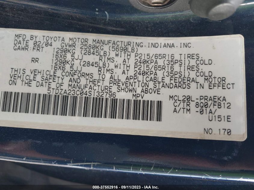 Photo 8 VIN: 5TDZA23C04S132796 - TOYOTA SIENNA 