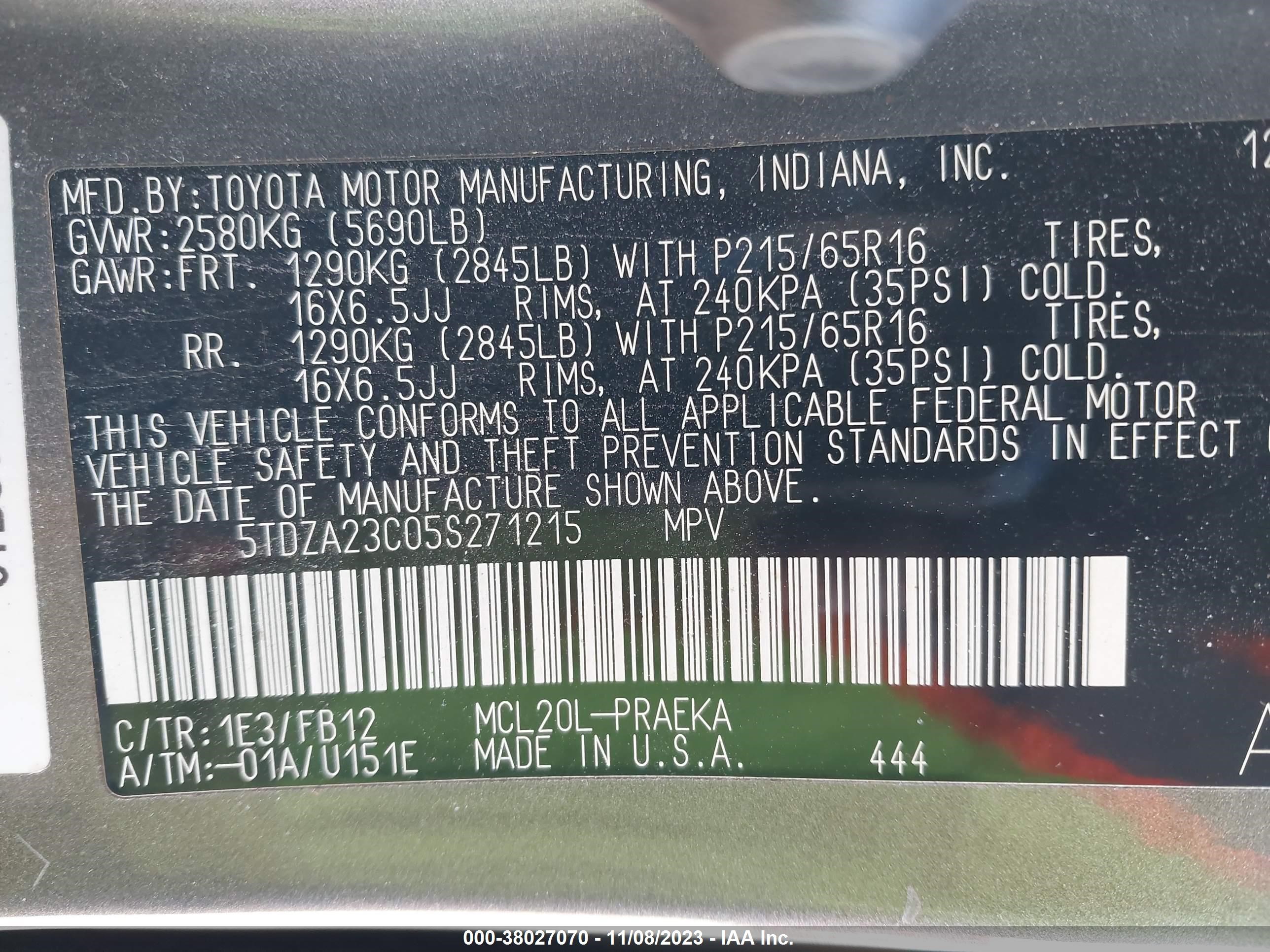 Photo 8 VIN: 5TDZA23C05S271215 - TOYOTA SIENNA 