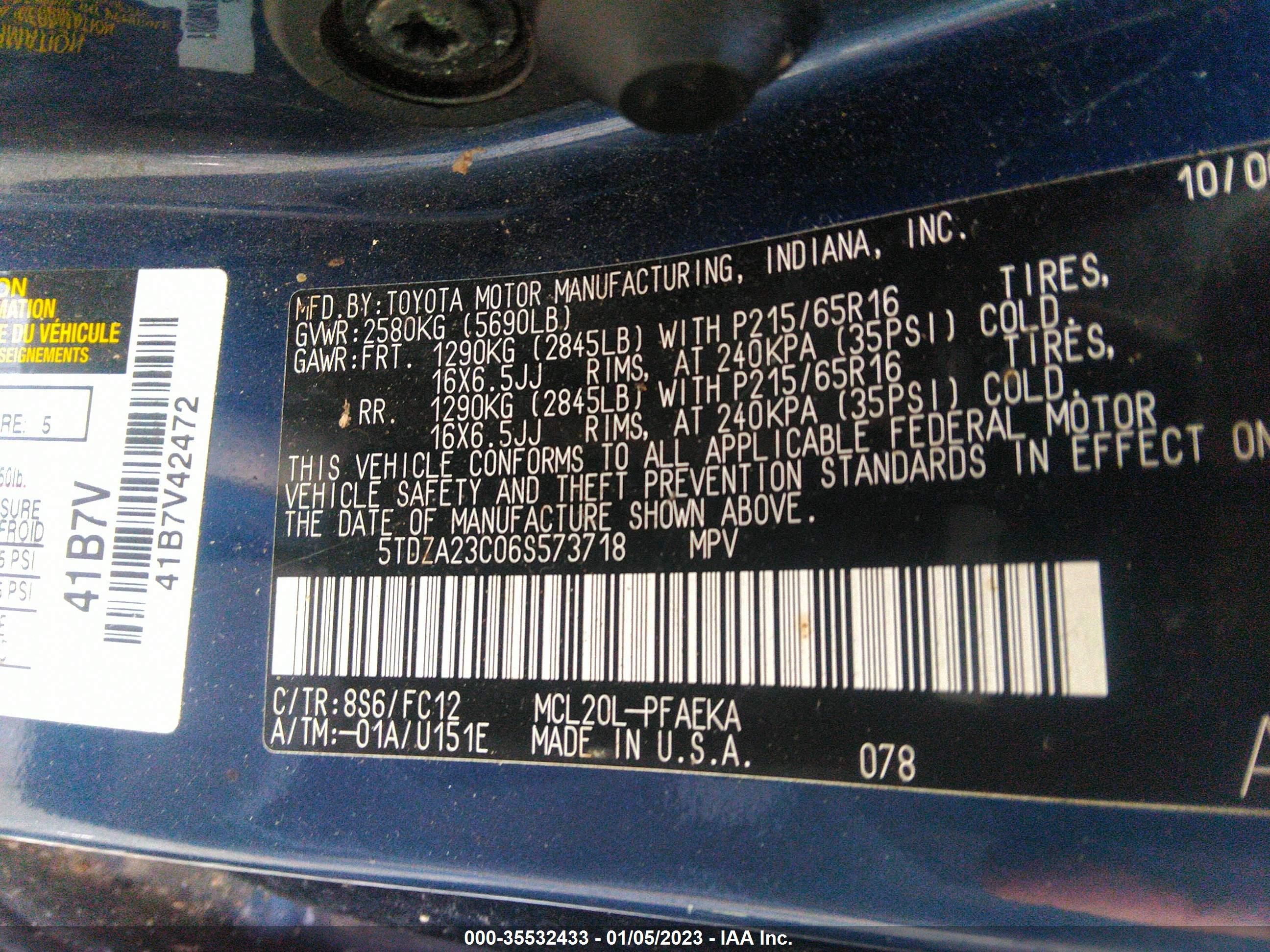 Photo 9 VIN: 5TDZA23C06S573718 - TOYOTA SIENNA 