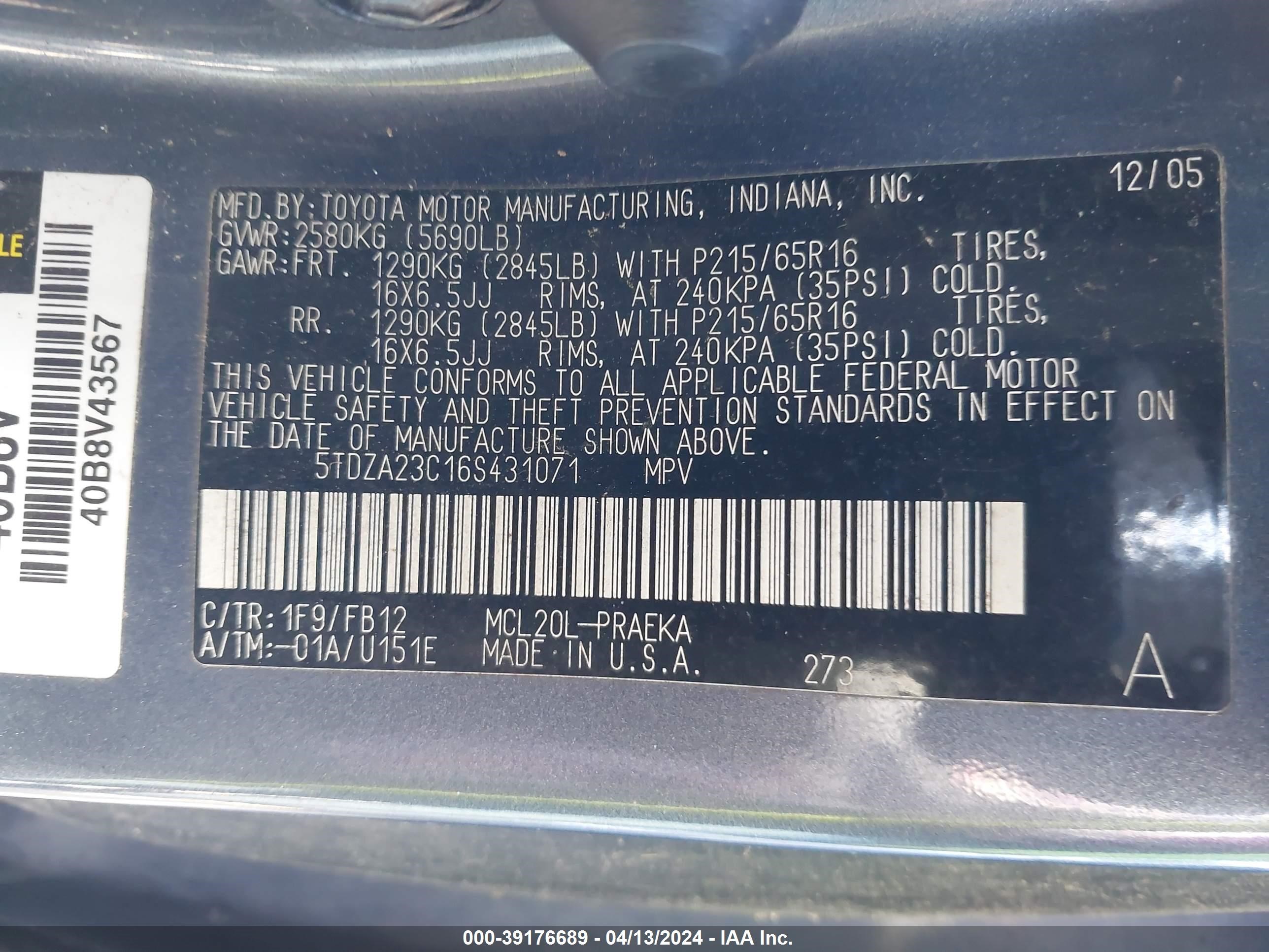 Photo 8 VIN: 5TDZA23C16S431071 - TOYOTA SIENNA 