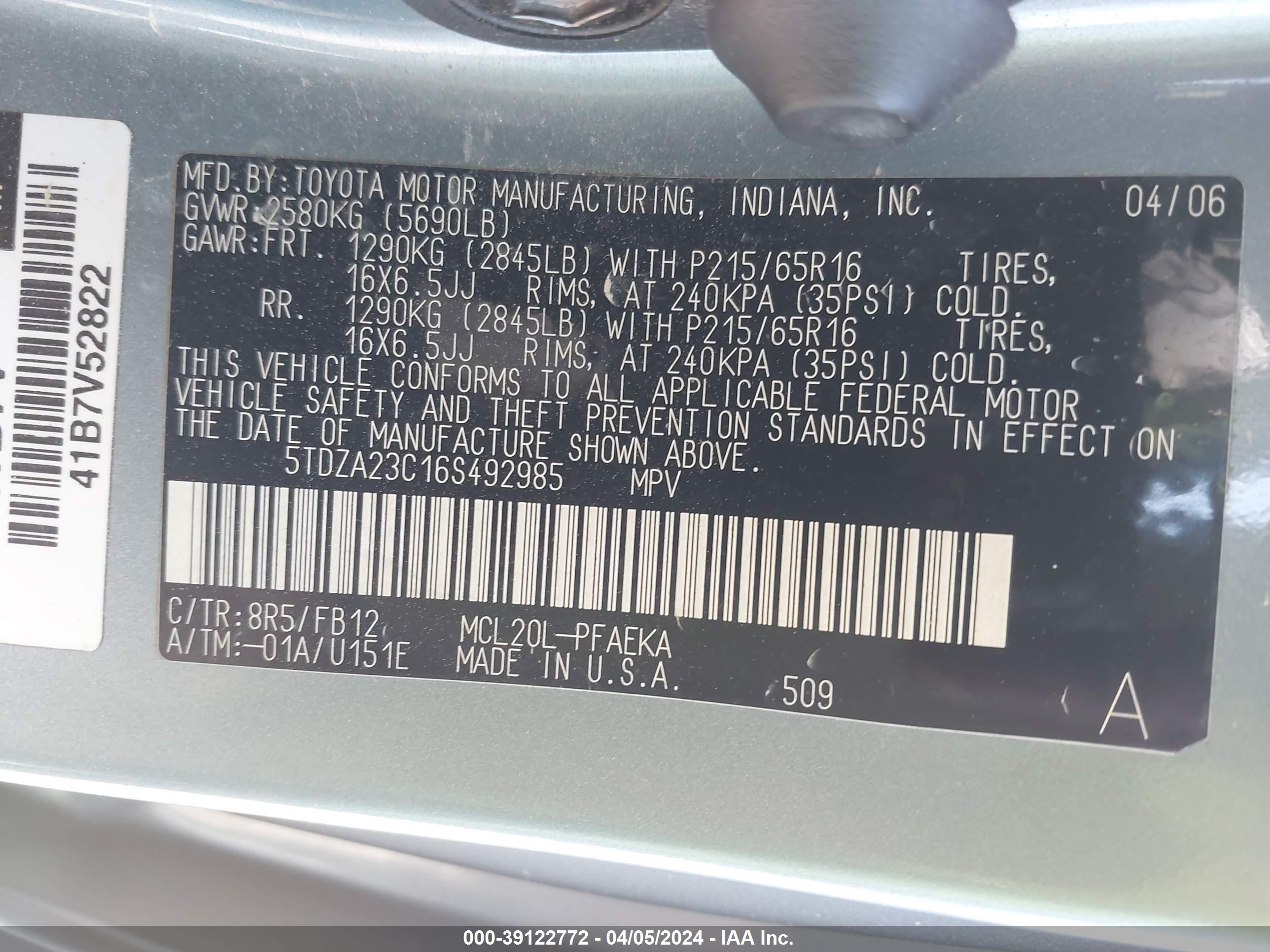 Photo 8 VIN: 5TDZA23C16S492985 - TOYOTA SIENNA 