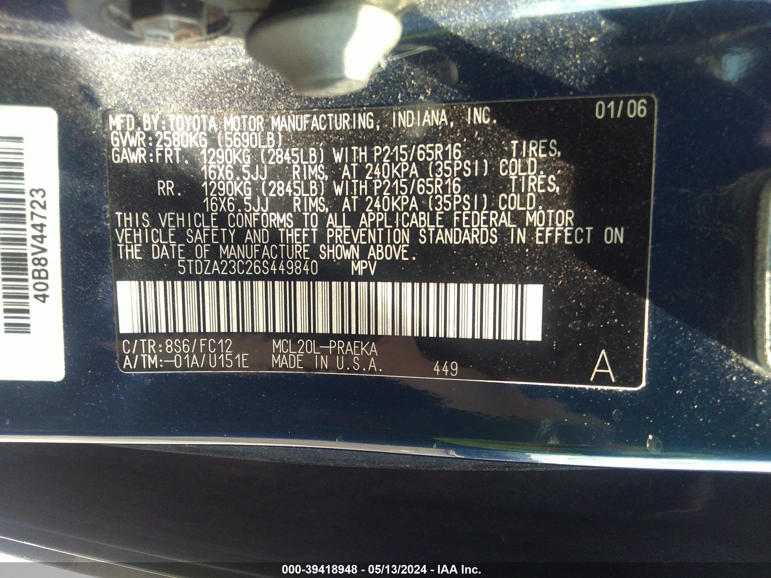 Photo 8 VIN: 5TDZA23C26S449840 - TOYOTA SIENNA 