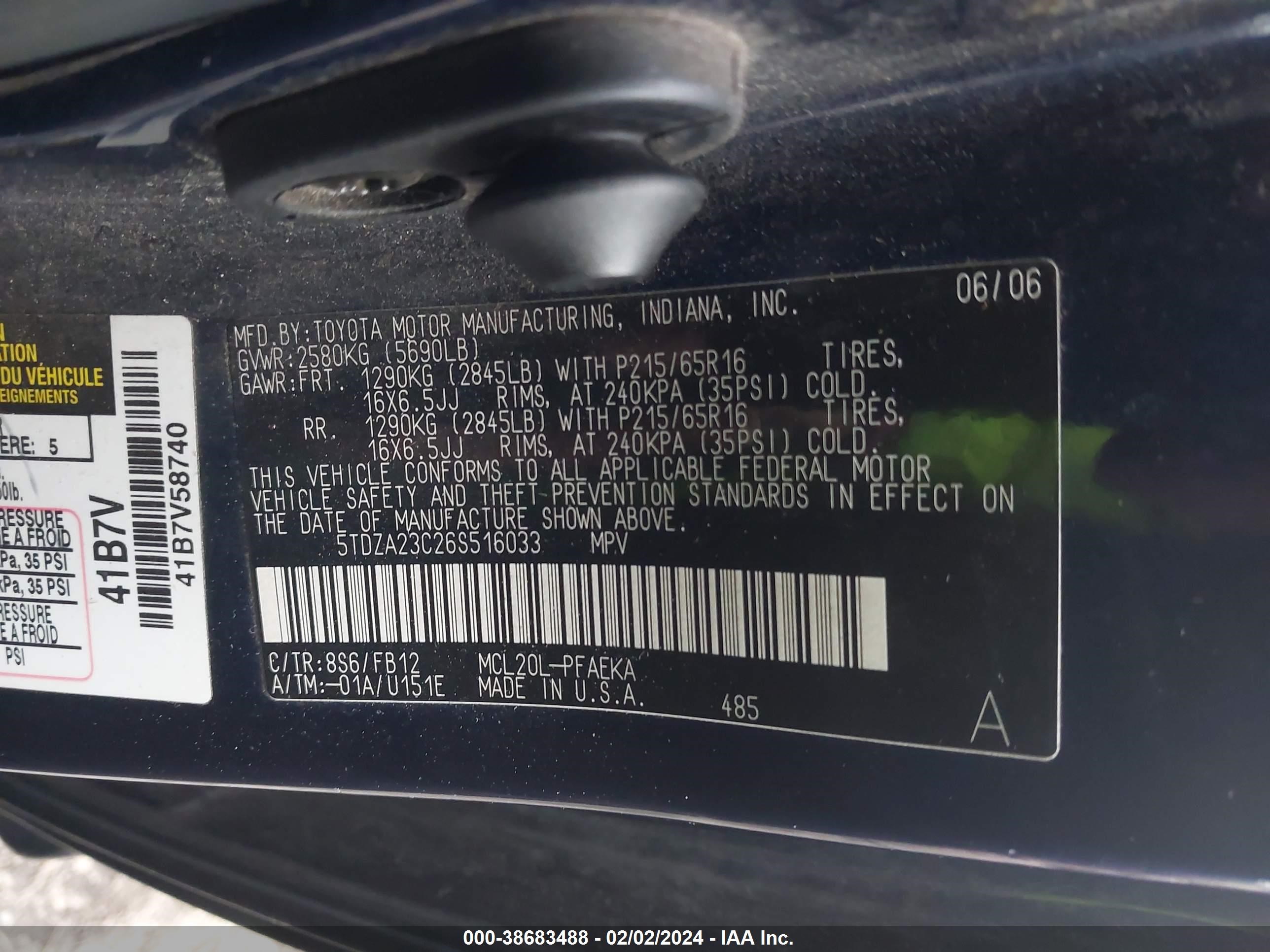 Photo 8 VIN: 5TDZA23C26S516033 - TOYOTA SIENNA 