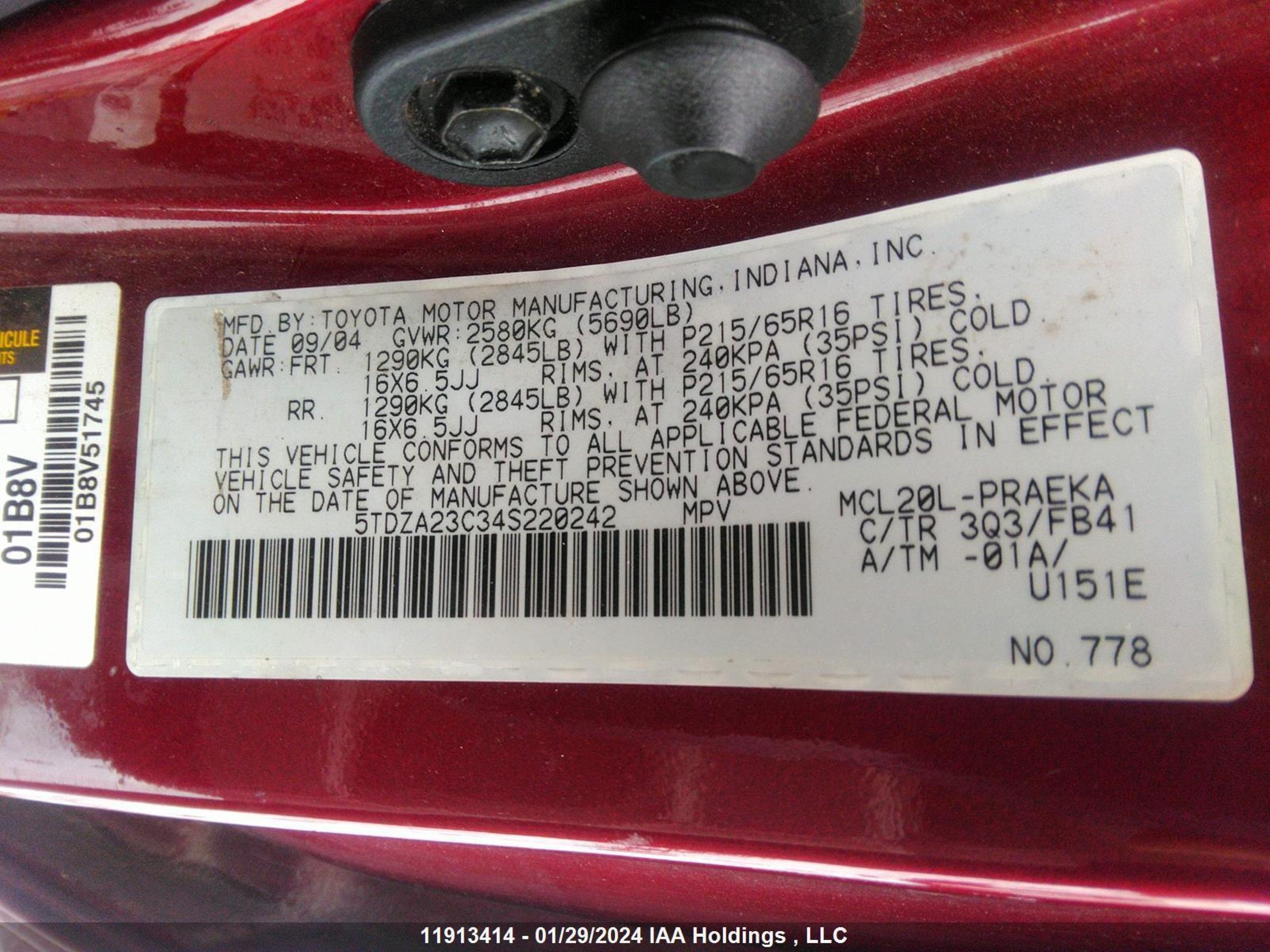 Photo 8 VIN: 5TDZA23C34S220242 - TOYOTA SIENNA 