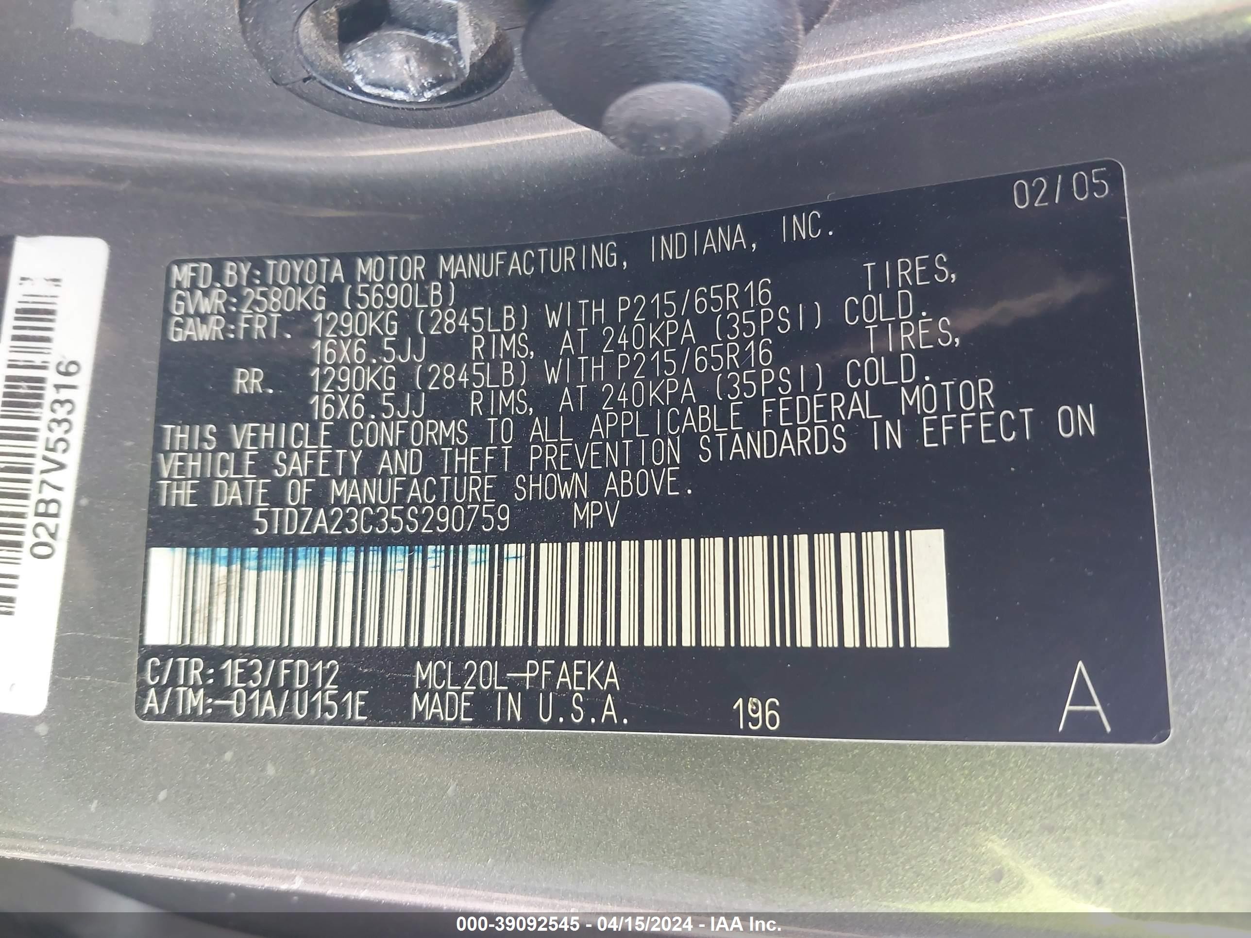 Photo 8 VIN: 5TDZA23C35S290759 - TOYOTA SIENNA 