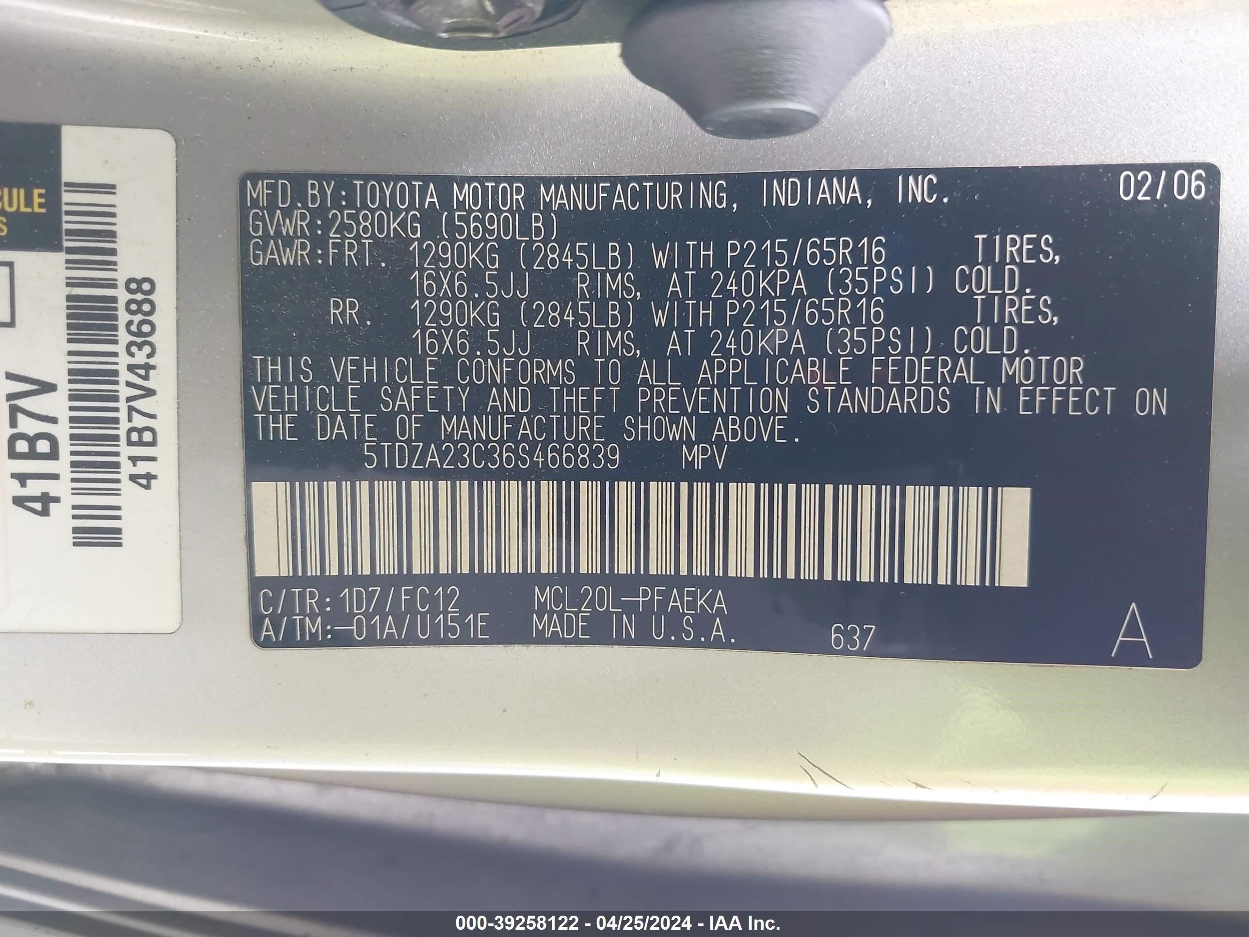 Photo 8 VIN: 5TDZA23C36S466839 - TOYOTA SIENNA 