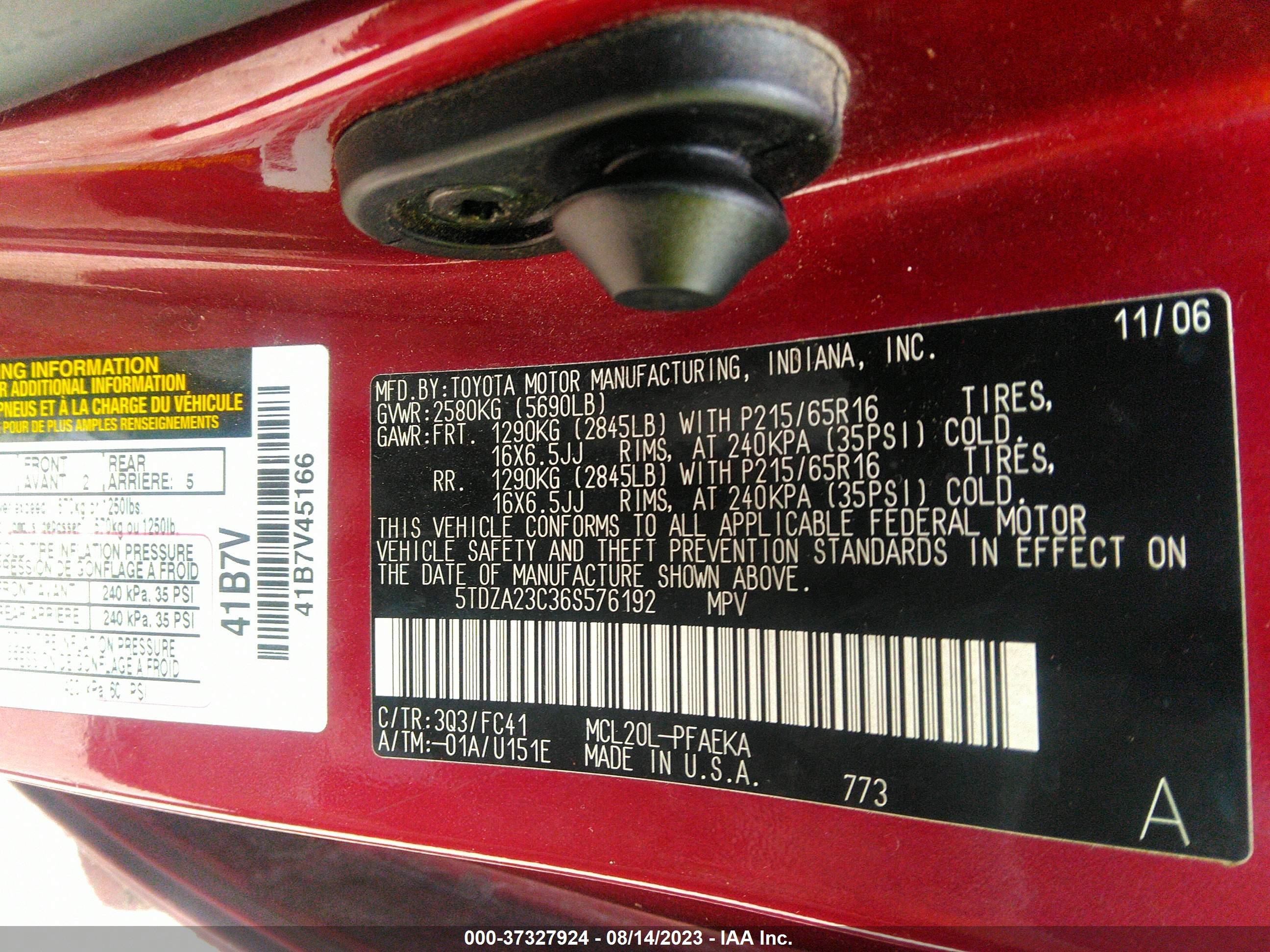 Photo 8 VIN: 5TDZA23C36S576192 - TOYOTA SIENNA 