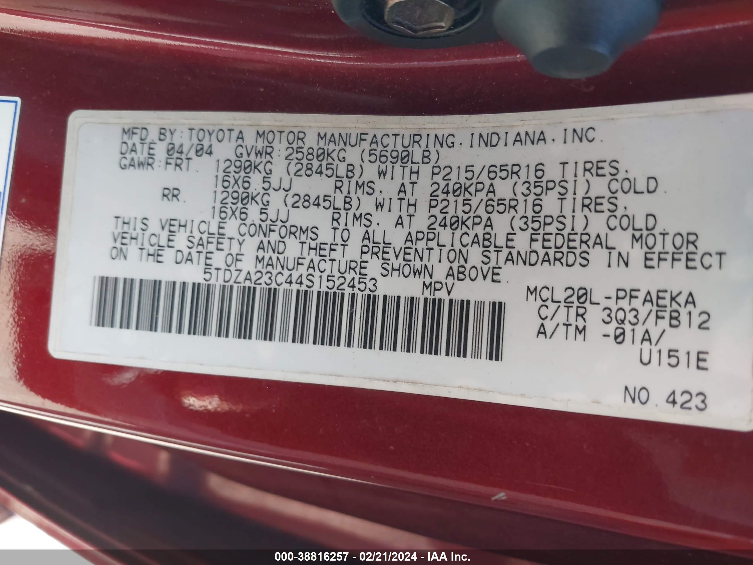 Photo 8 VIN: 5TDZA23C44S152453 - TOYOTA SIENNA 