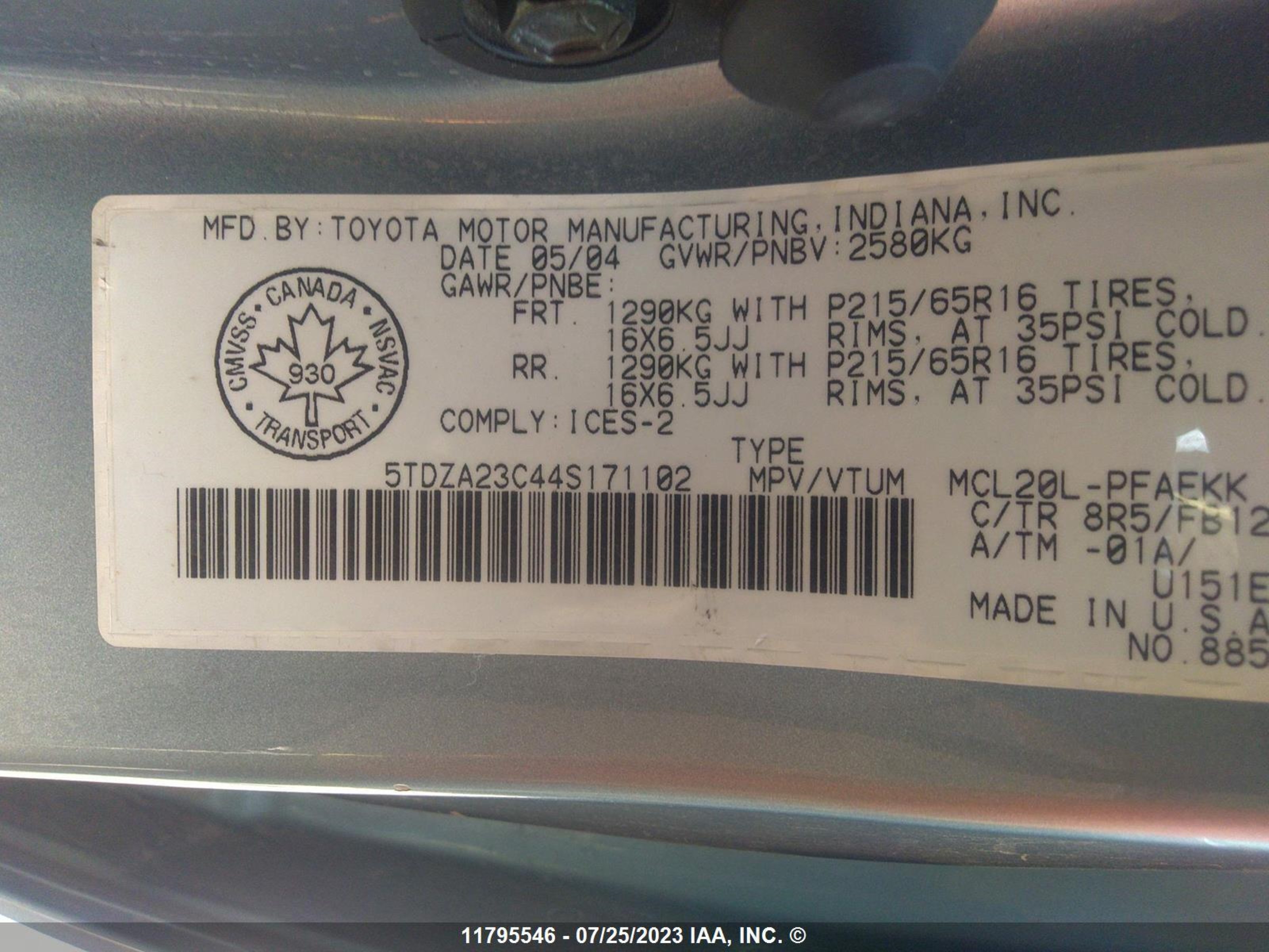 Photo 8 VIN: 5TDZA23C44S171102 - TOYOTA SIENNA 