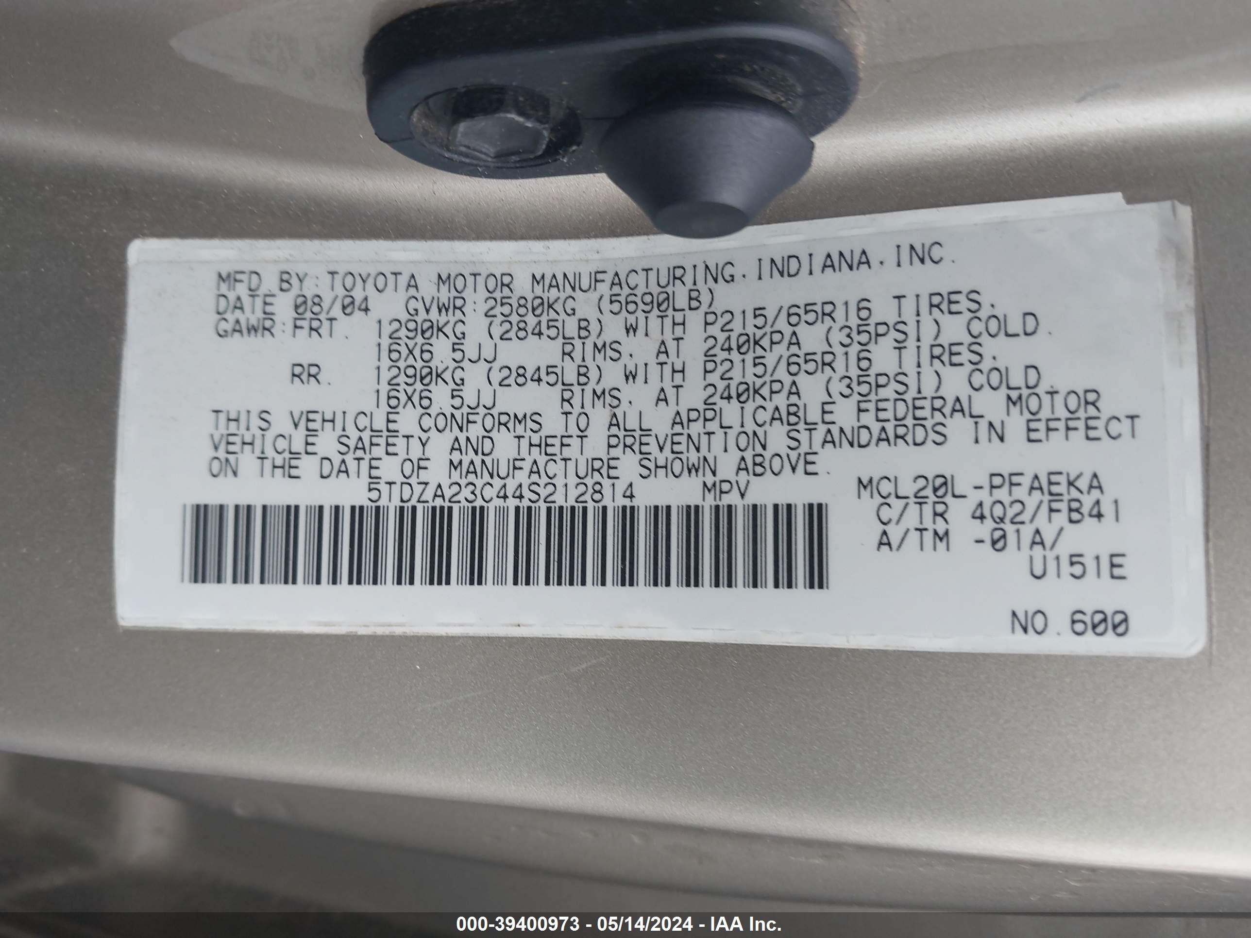 Photo 8 VIN: 5TDZA23C44S212814 - TOYOTA SIENNA 