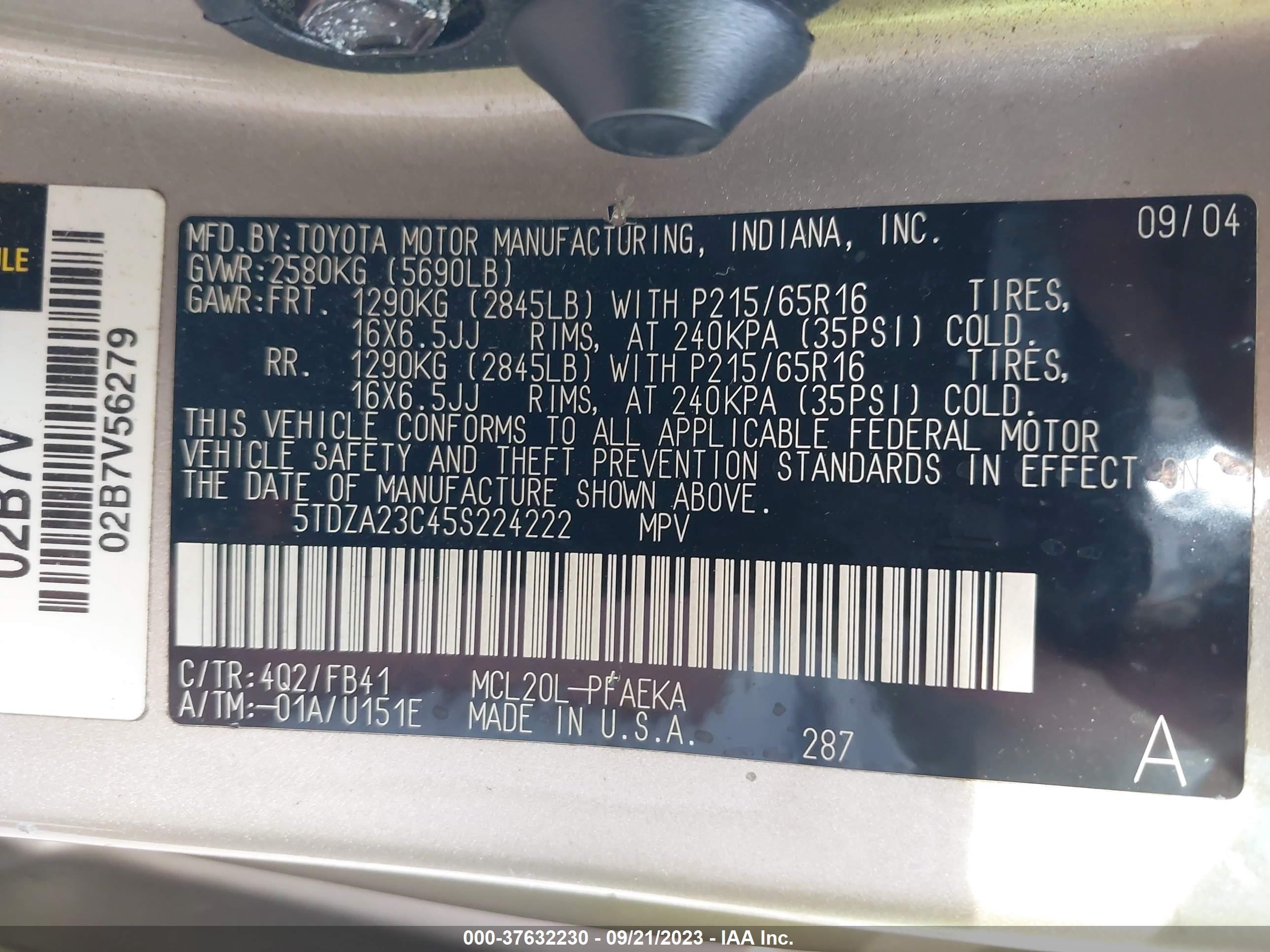 Photo 8 VIN: 5TDZA23C45S224222 - TOYOTA SIENNA 