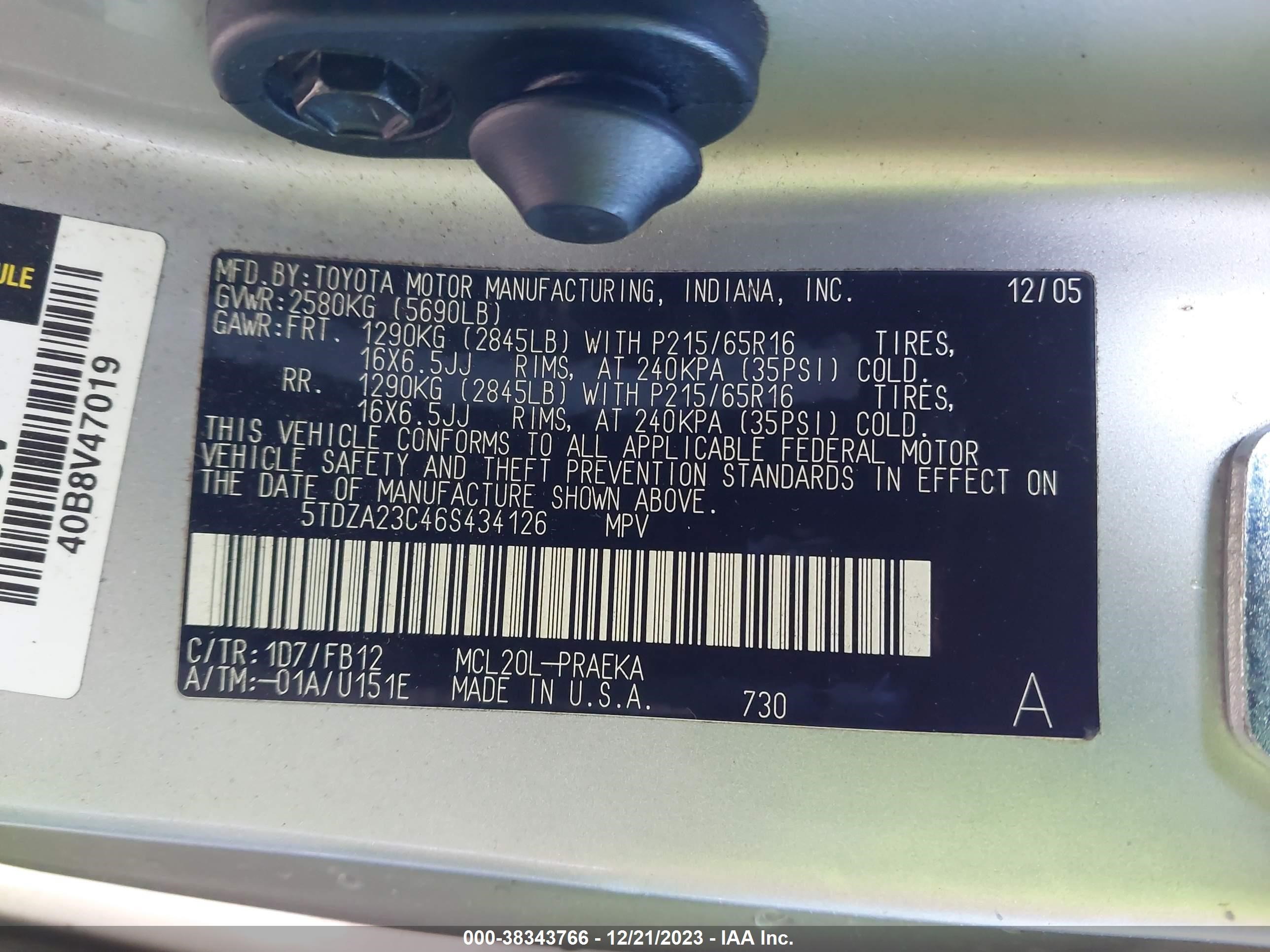 Photo 8 VIN: 5TDZA23C46S434126 - TOYOTA SIENNA 