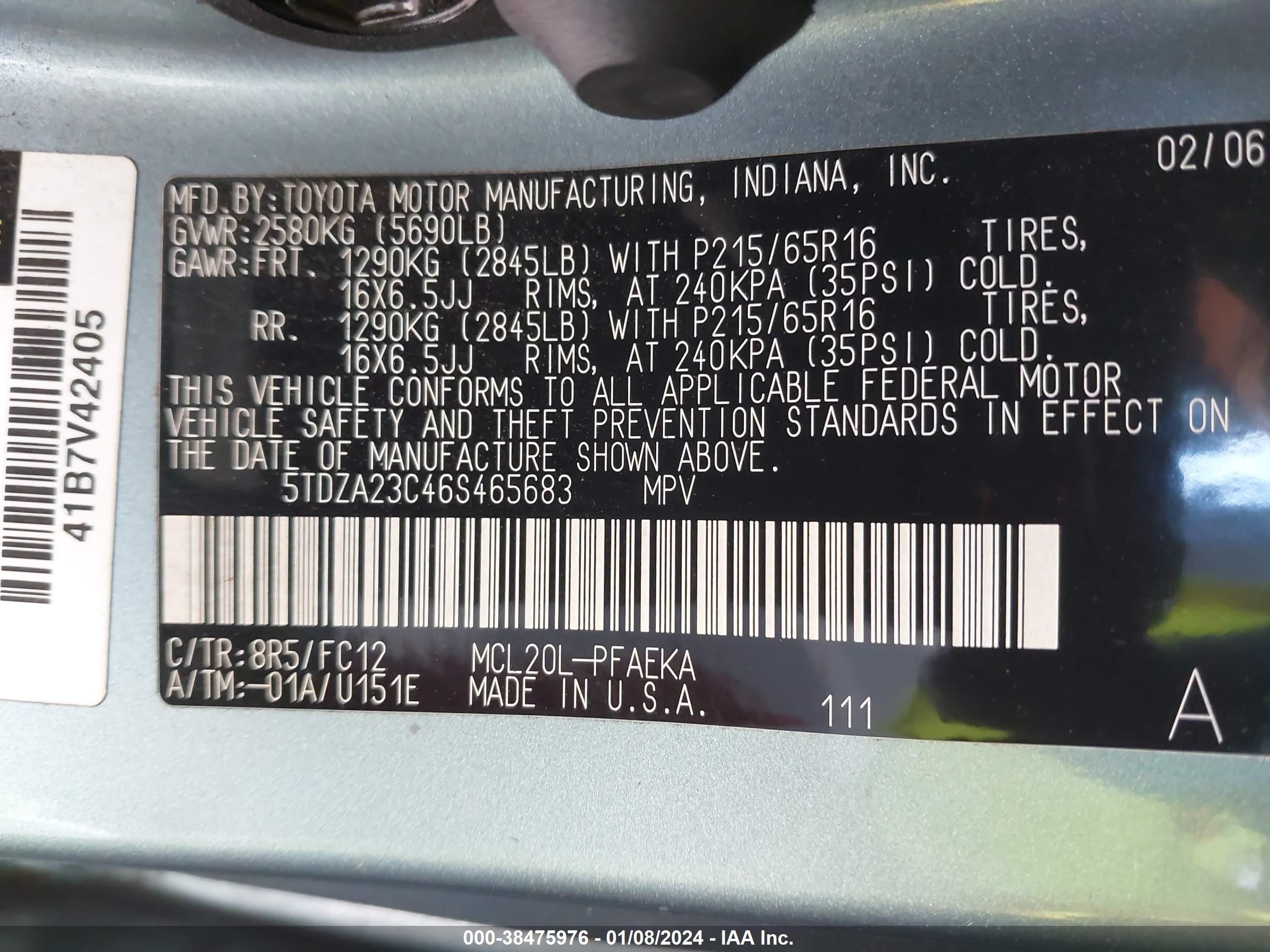 Photo 8 VIN: 5TDZA23C46S465683 - TOYOTA SIENNA 