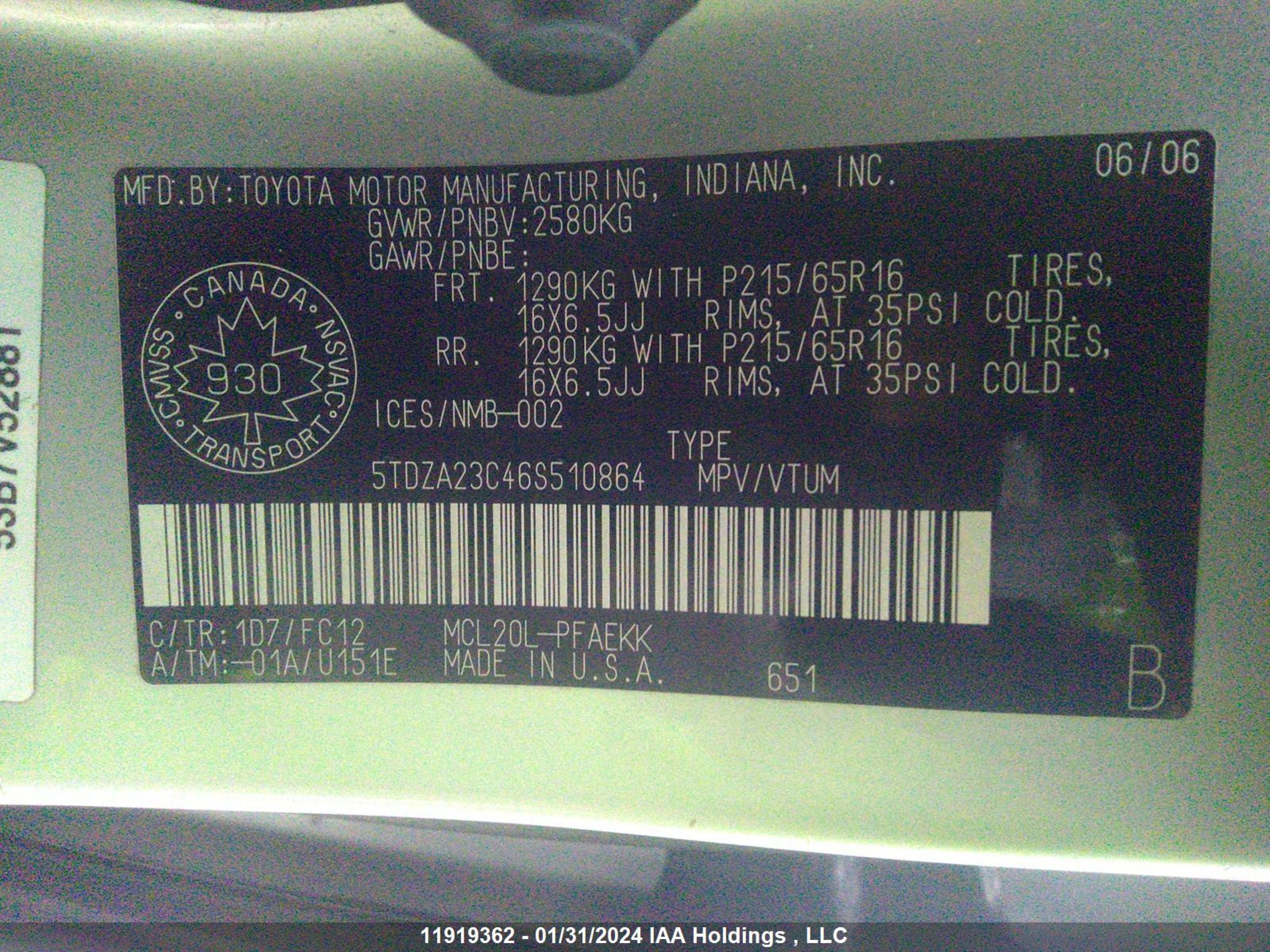 Photo 8 VIN: 5TDZA23C46S510864 - TOYOTA SIENNA 