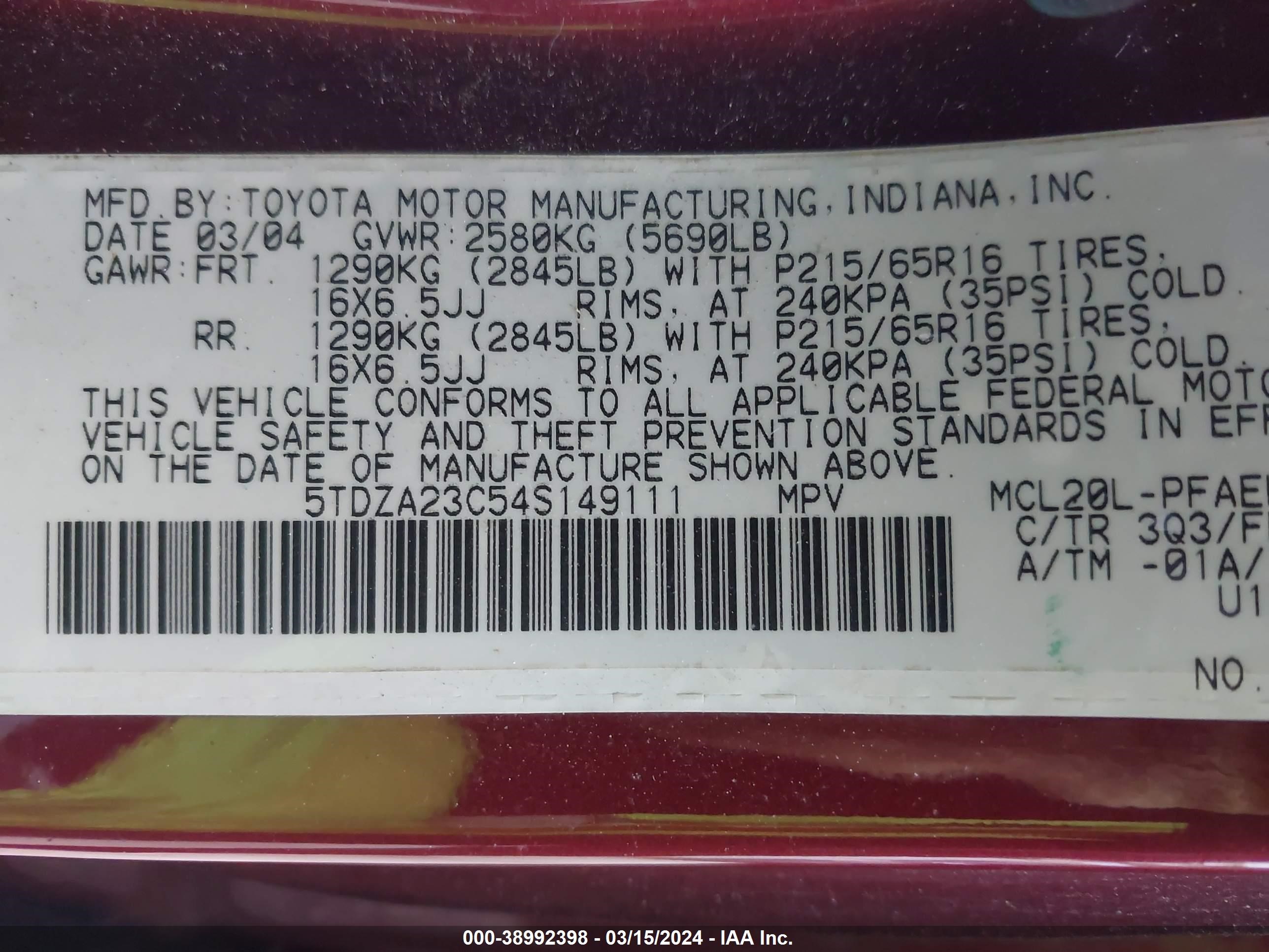 Photo 8 VIN: 5TDZA23C54S149111 - TOYOTA SIENNA 