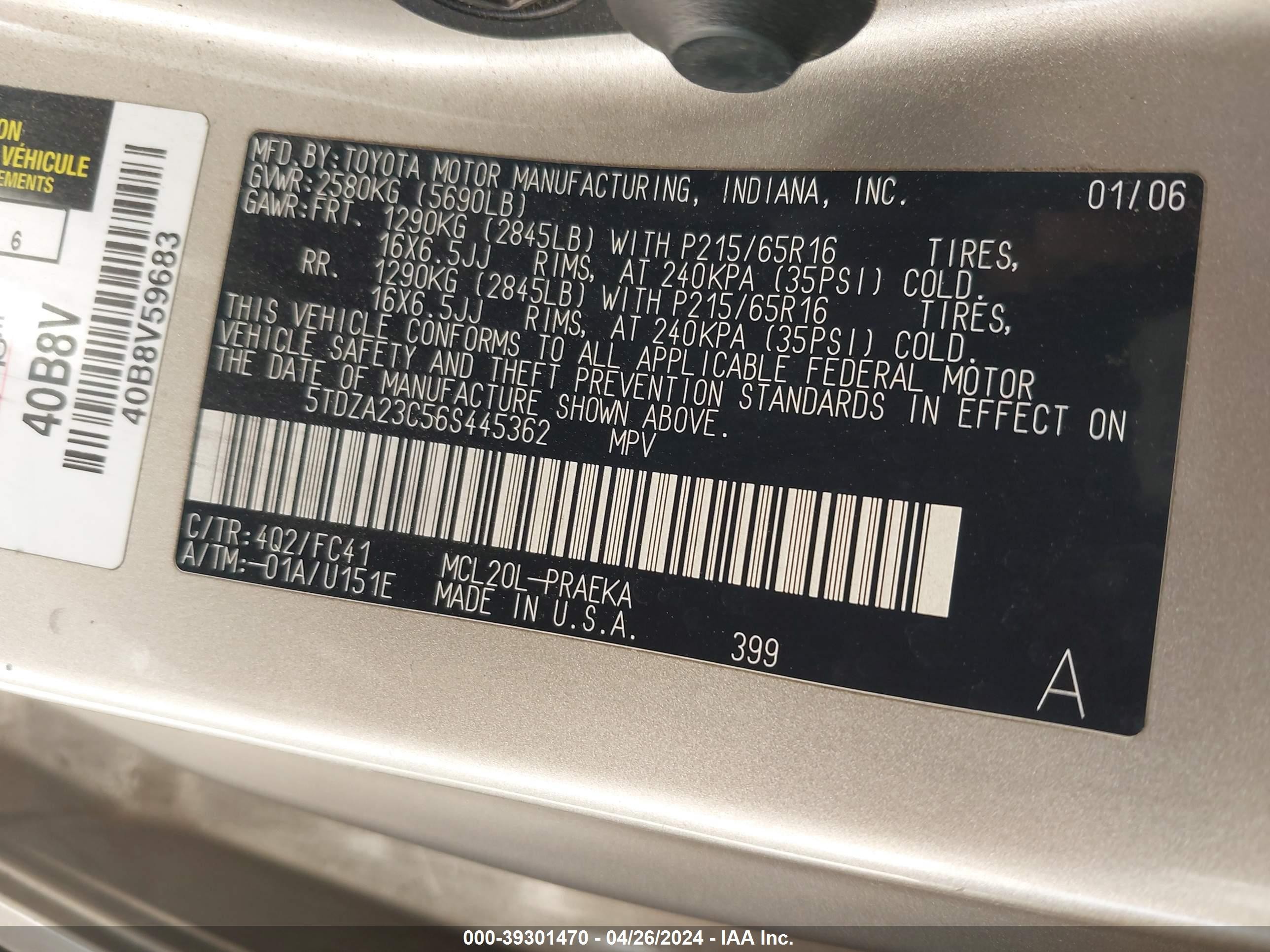 Photo 8 VIN: 5TDZA23C56S445362 - TOYOTA SIENNA 