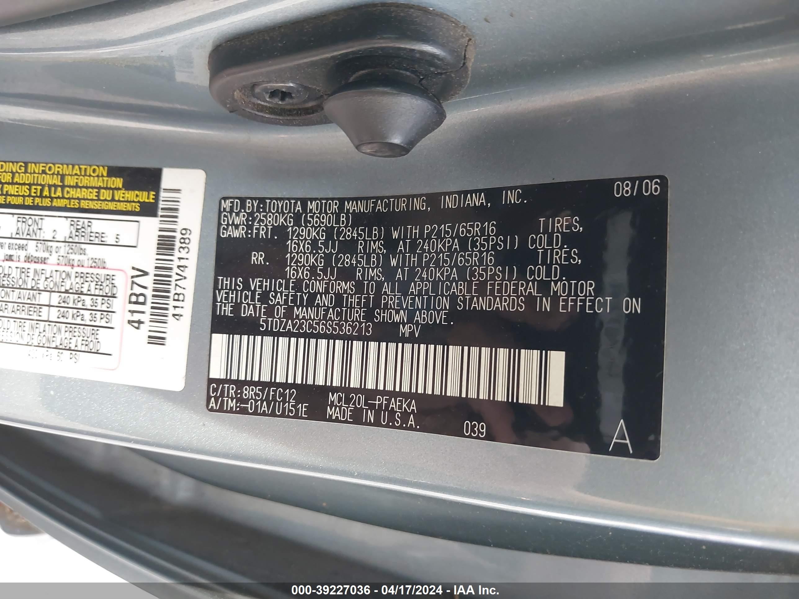 Photo 8 VIN: 5TDZA23C56S536213 - TOYOTA SIENNA 