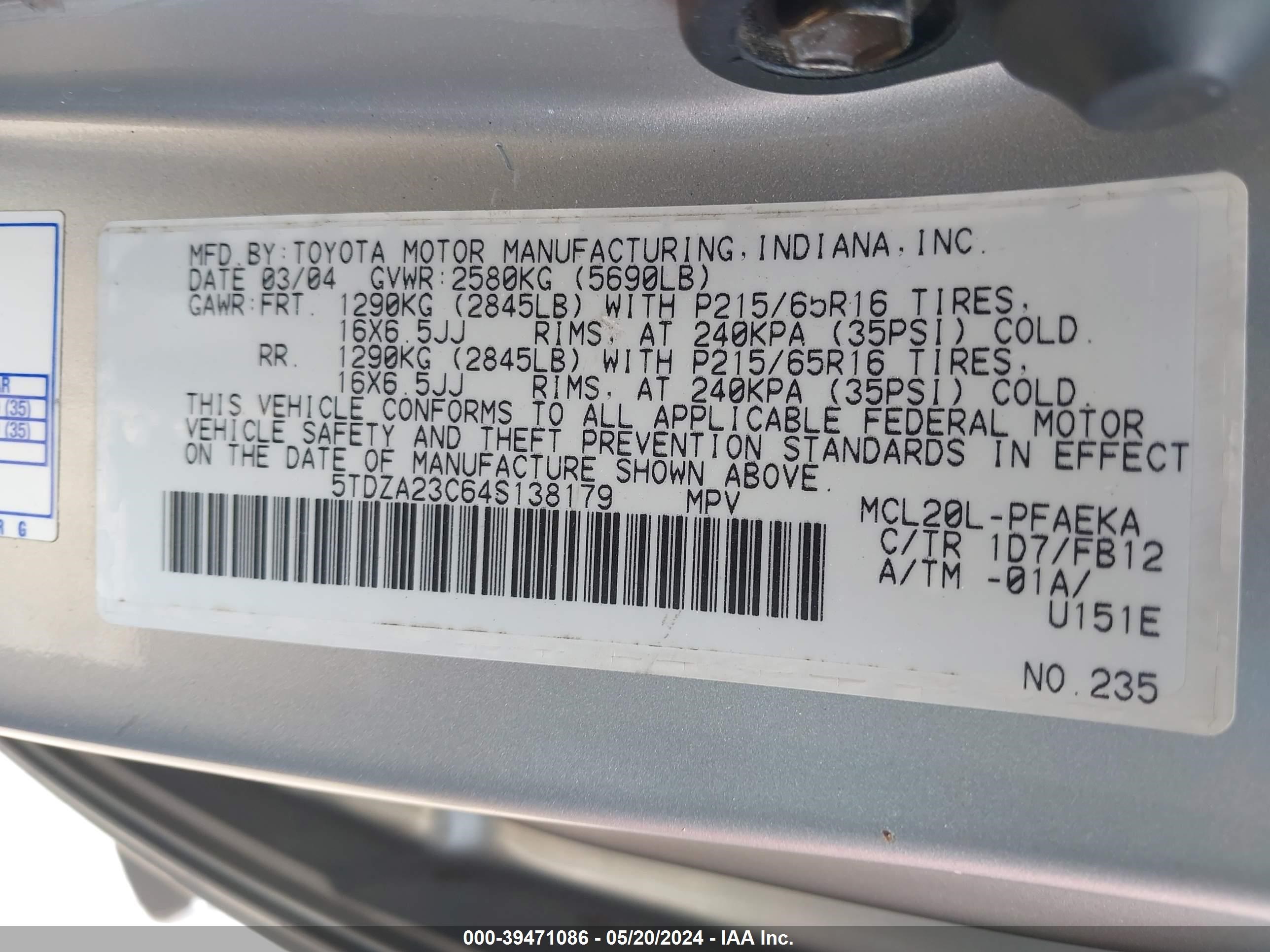 Photo 8 VIN: 5TDZA23C64S138179 - TOYOTA SIENNA 