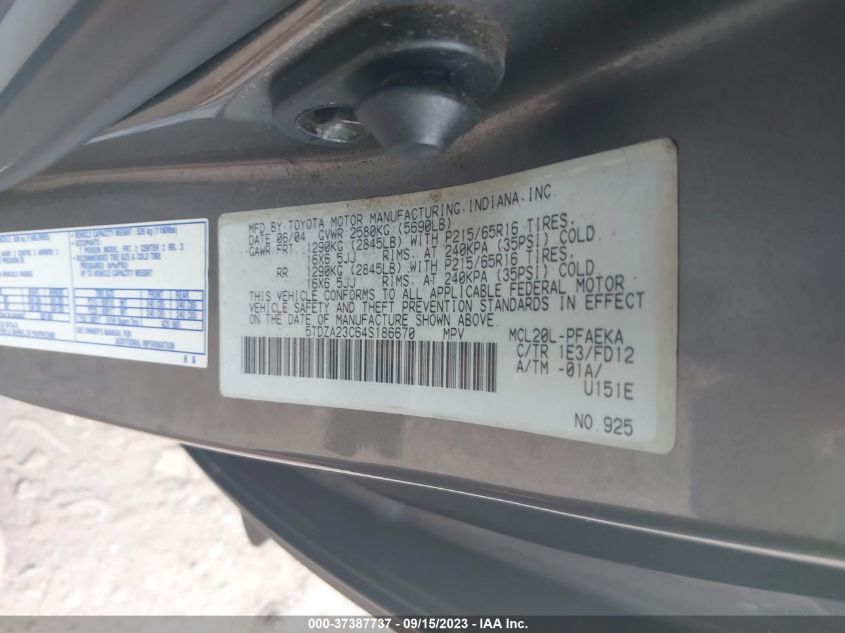 Photo 8 VIN: 5TDZA23C64S186670 - TOYOTA SIENNA 