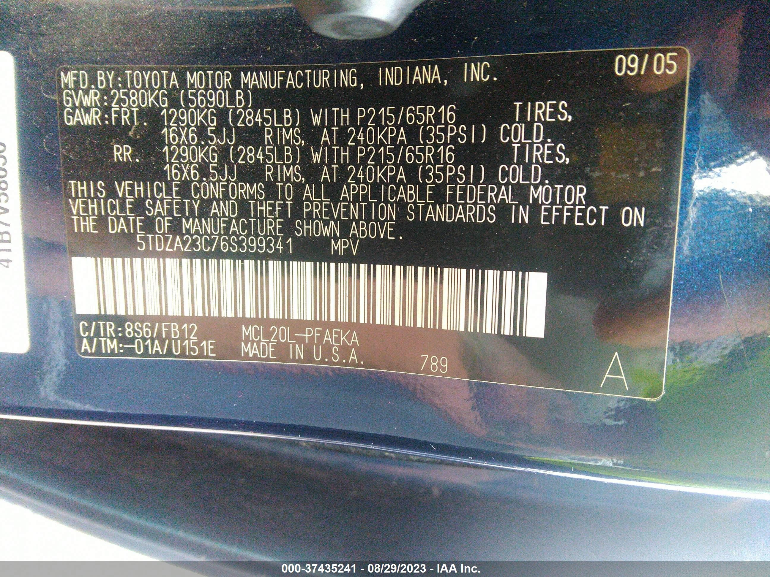 Photo 8 VIN: 5TDZA23C76S399341 - TOYOTA SIENNA 