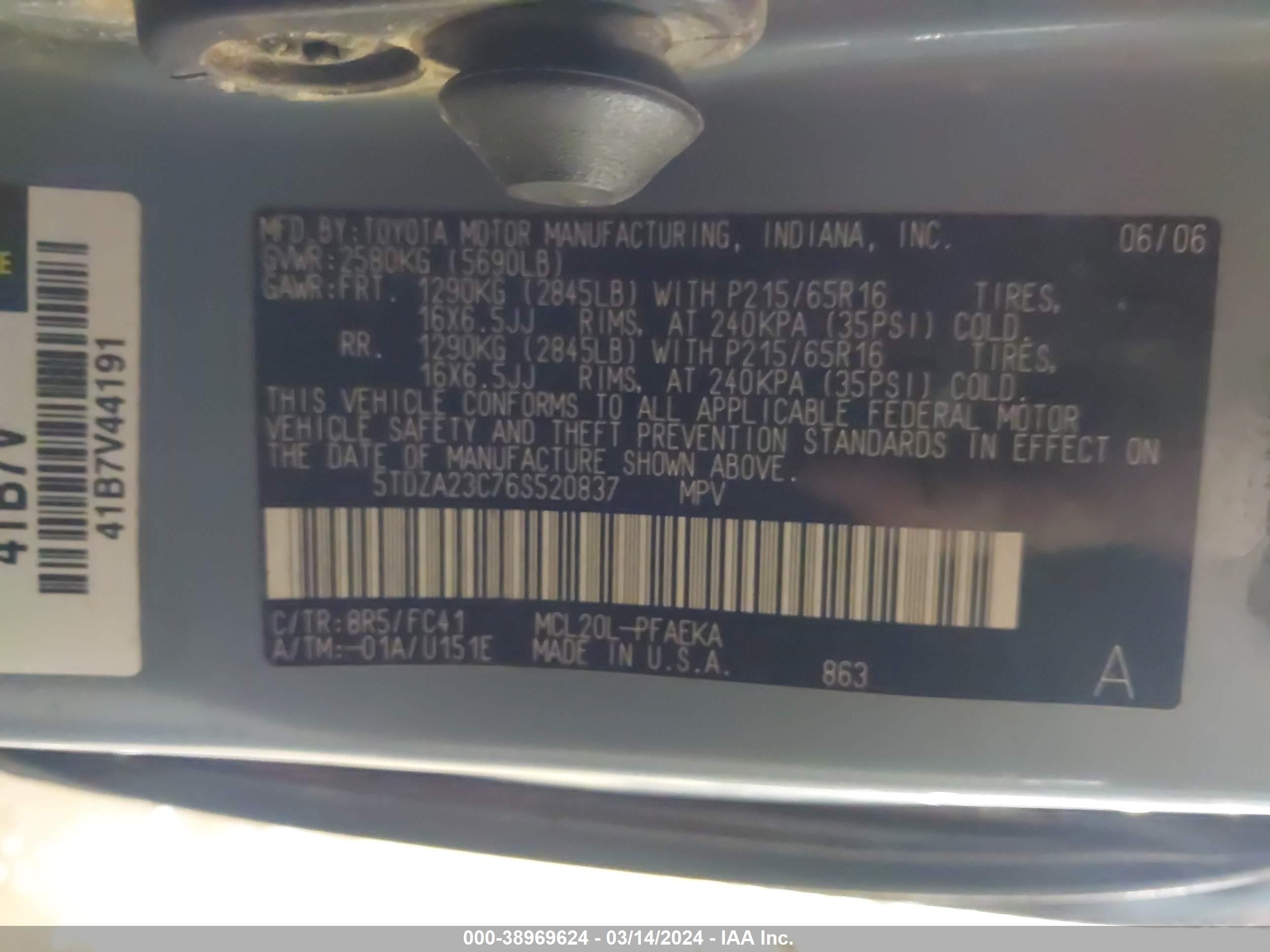 Photo 8 VIN: 5TDZA23C76S520837 - TOYOTA SIENNA 