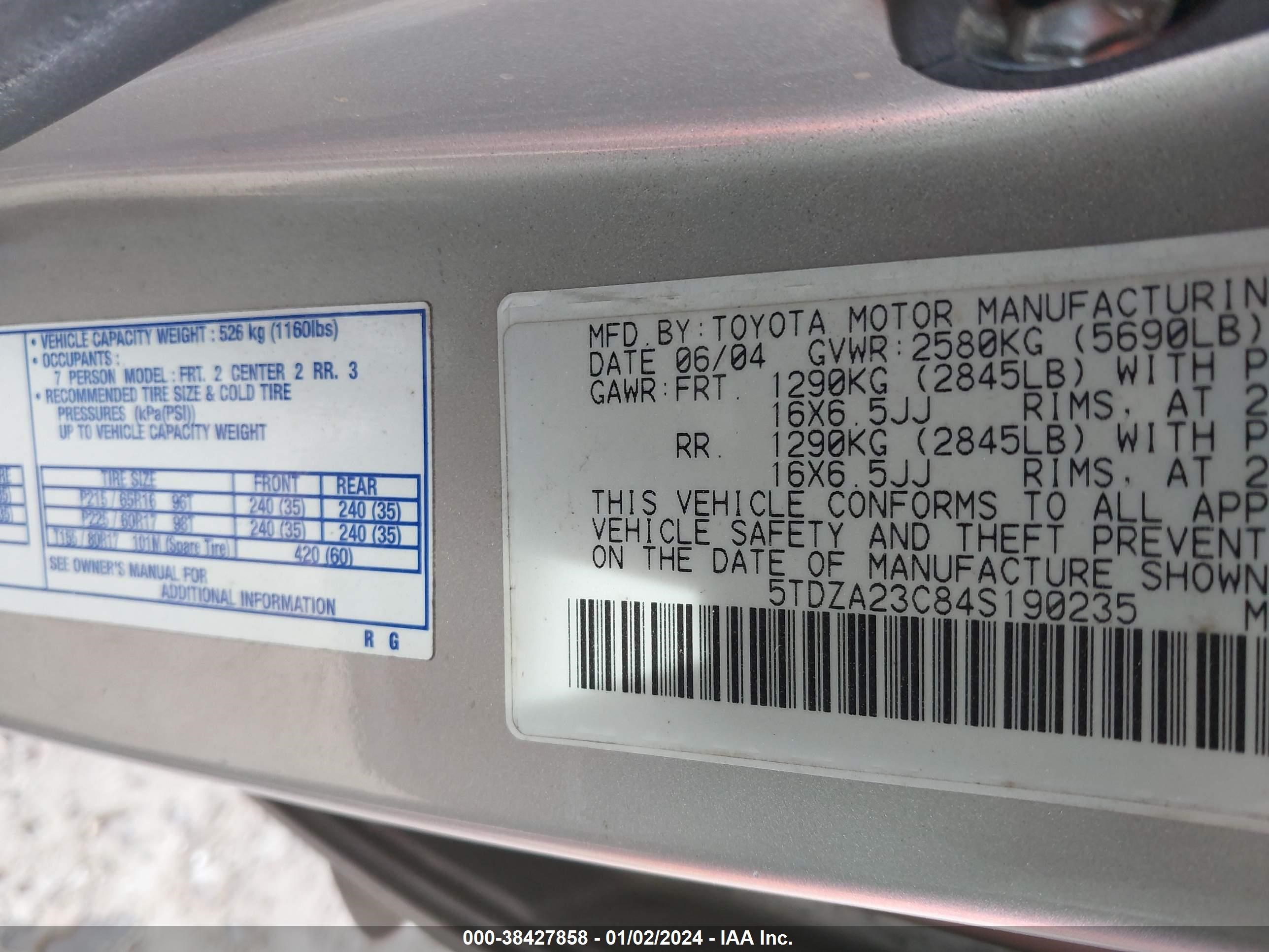 Photo 8 VIN: 5TDZA23C84S190235 - TOYOTA SIENNA 