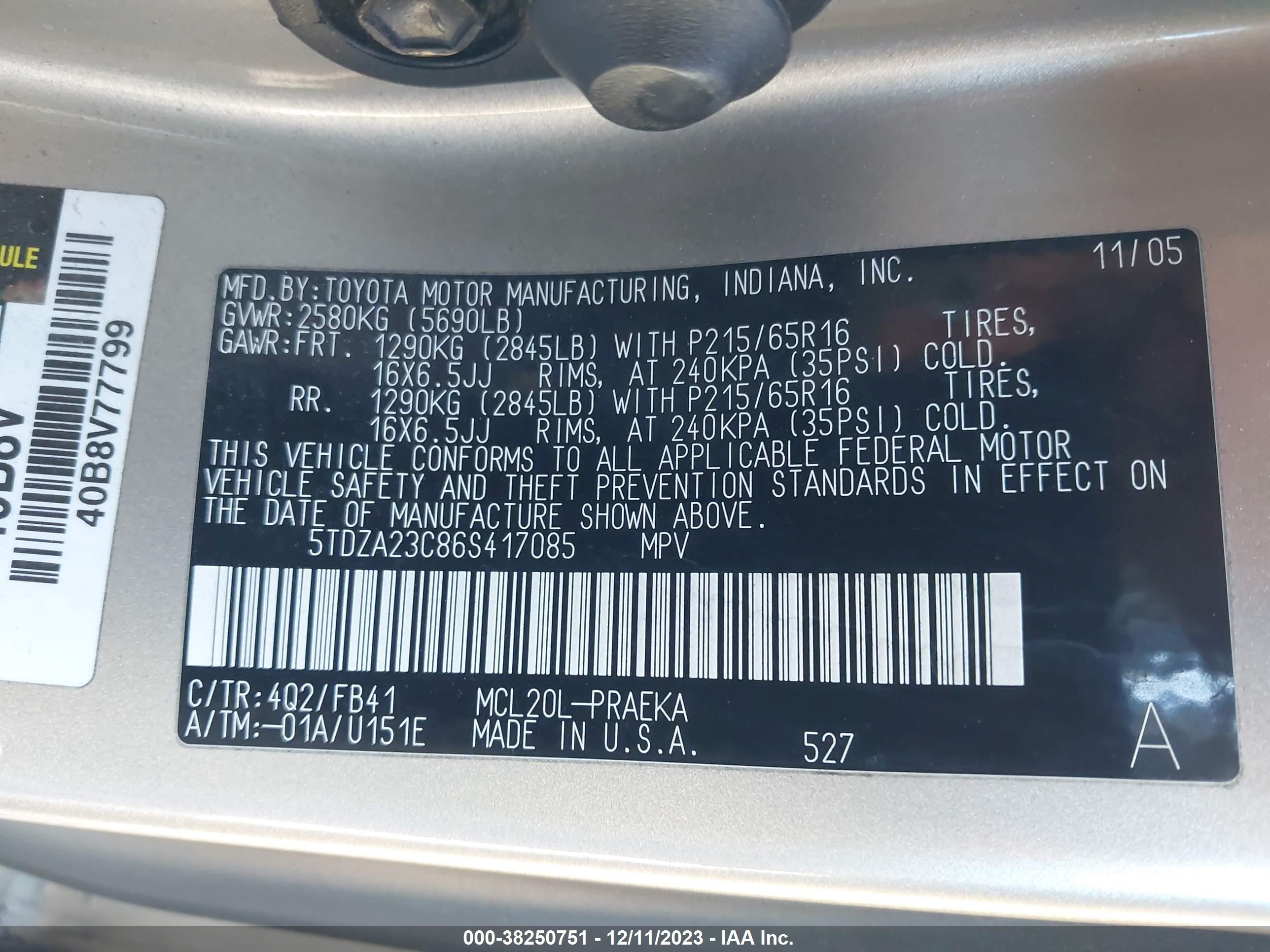 Photo 8 VIN: 5TDZA23C86S417085 - TOYOTA SIENNA 