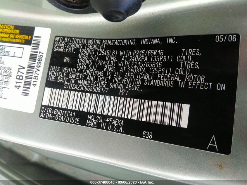 Photo 8 VIN: 5TDZA23C86S508177 - TOYOTA SIENNA 