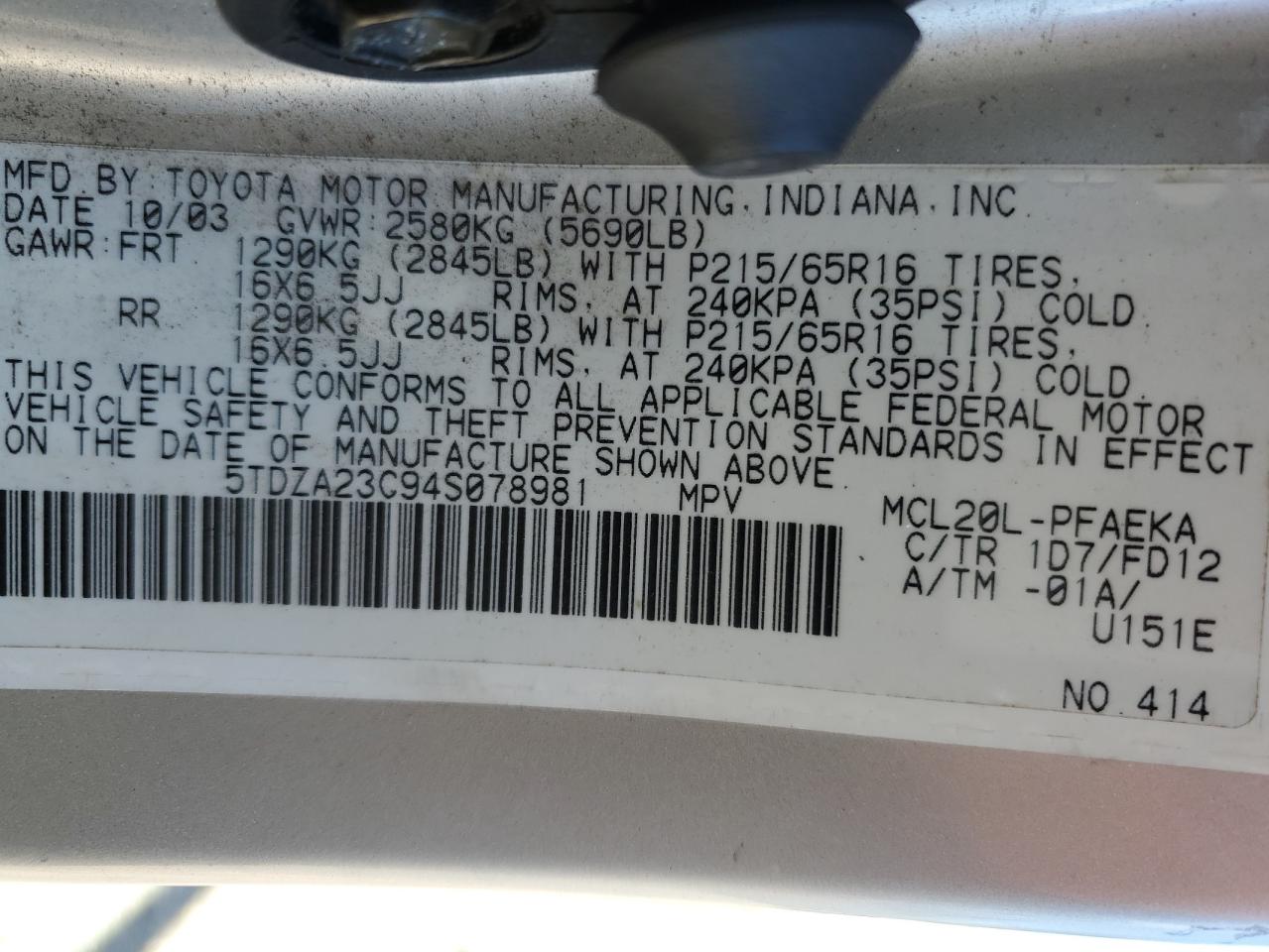 Photo 13 VIN: 5TDZA23C94S078981 - TOYOTA SIENNA 