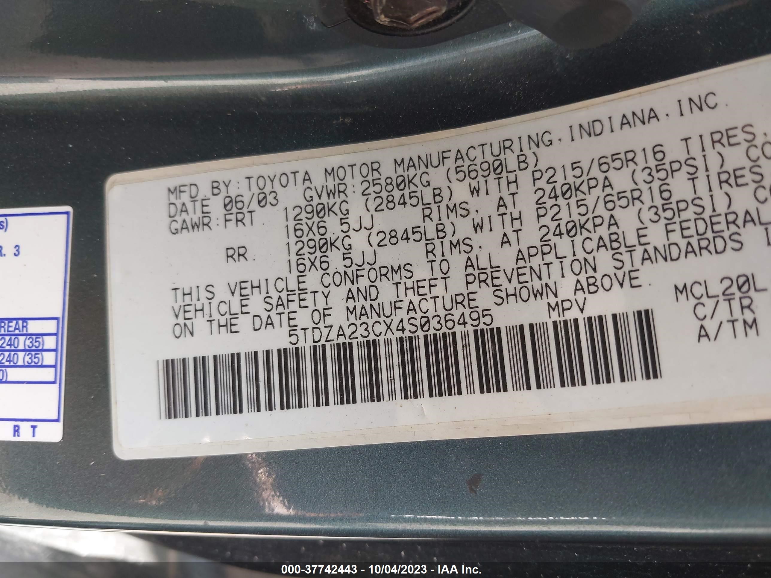 Photo 8 VIN: 5TDZA23CX4S036495 - TOYOTA SIENNA 