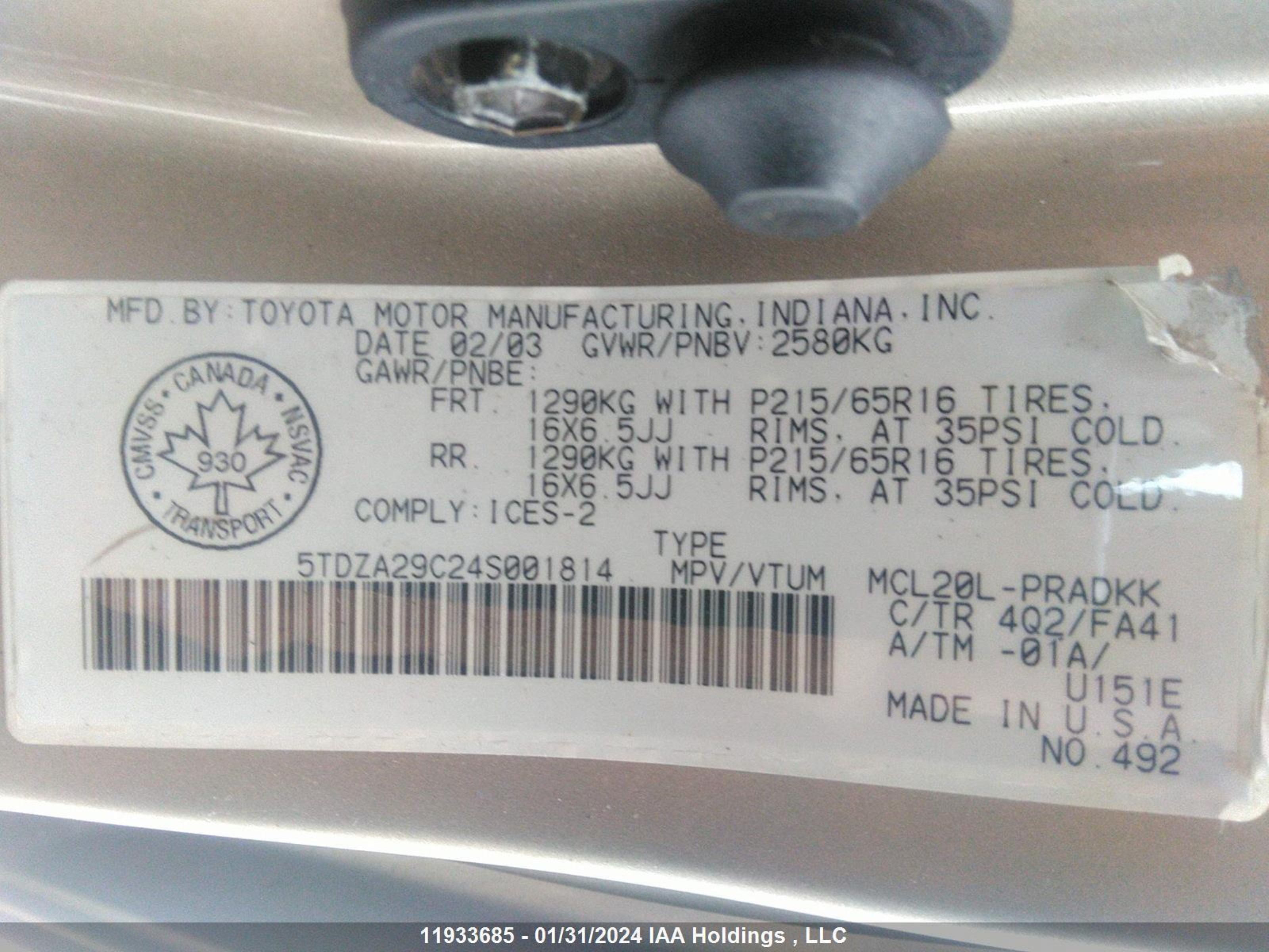 Photo 8 VIN: 5TDZA29C24S001814 - TOYOTA SIENNA 