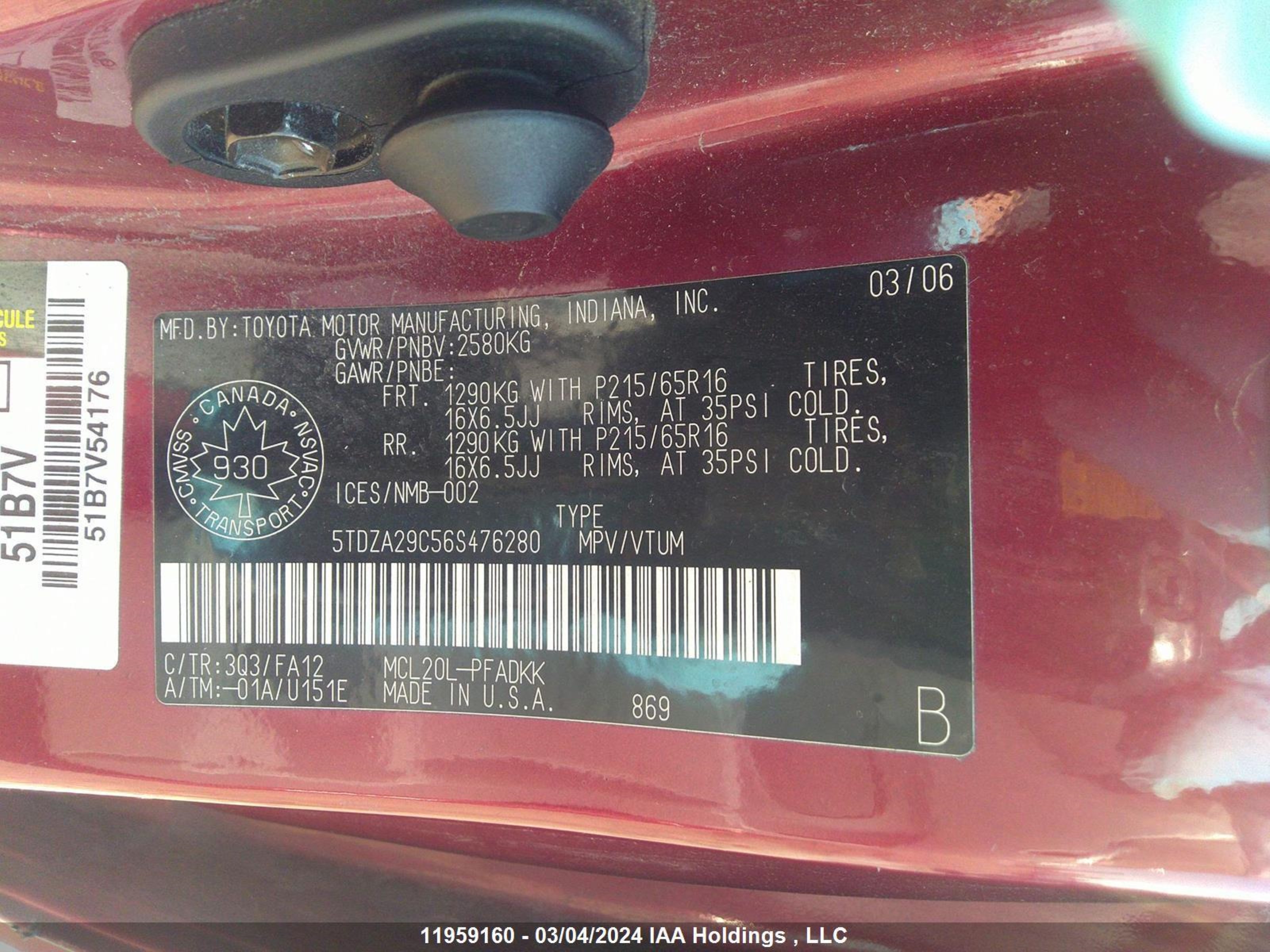 Photo 8 VIN: 5TDZA29C56S476280 - TOYOTA SIENNA 