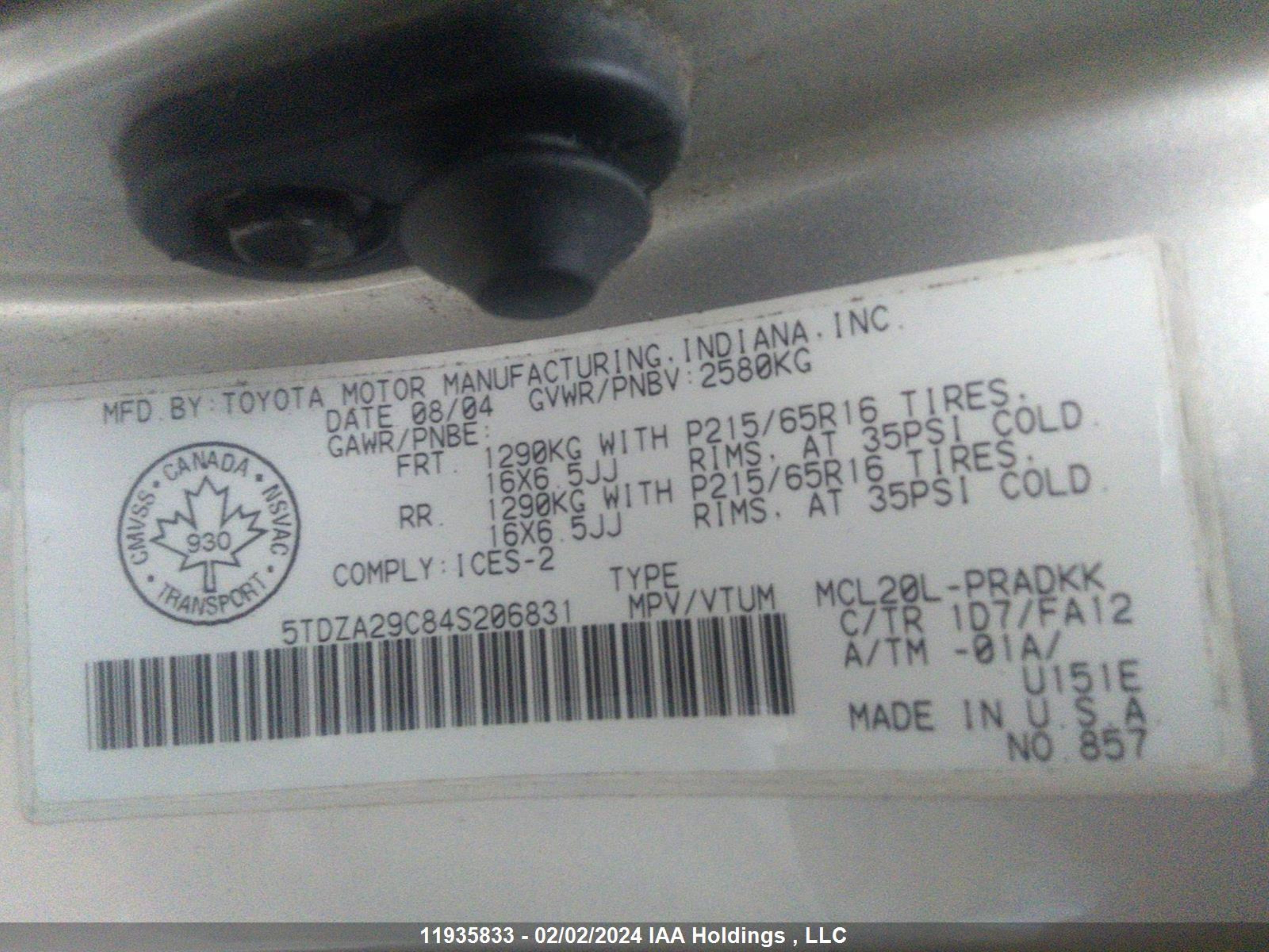 Photo 8 VIN: 5TDZA29C84S206831 - TOYOTA SIENNA 