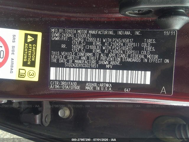 Photo 8 VIN: 5TDZA3EH1CS021851 - TOYOTA HIGHLANDER 