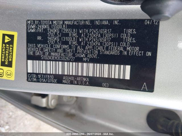 Photo 8 VIN: 5TDZA3EH3CS026727 - TOYOTA HIGHLANDER 