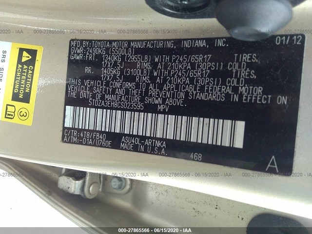 Photo 8 VIN: 5TDZA3EH8CS023595 - TOYOTA HIGHLANDER 