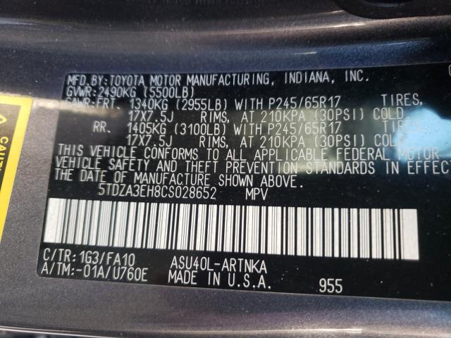 Photo 9 VIN: 5TDZA3EH8CS028652 - TOYOTA HIGHLANDER 