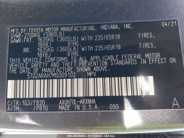 Photo 8 VIN: 5TDZARAH7MS009102 - TOYOTA HIGHLANDER 