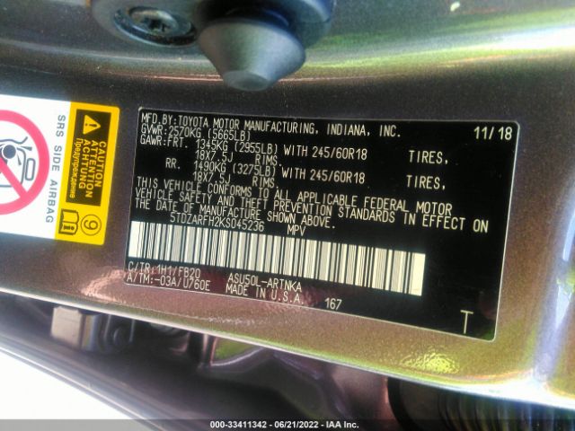 Photo 8 VIN: 5TDZARFH2KS045236 - TOYOTA HIGHLANDER 