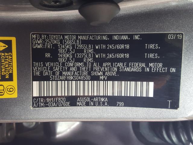 Photo 9 VIN: 5TDZARFH8KS048500 - TOYOTA HIGHLANDER 