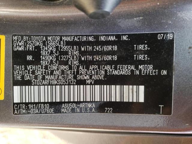 Photo 9 VIN: 5TDZARFH8KS053132 - TOYOTA HIGHLANDER 